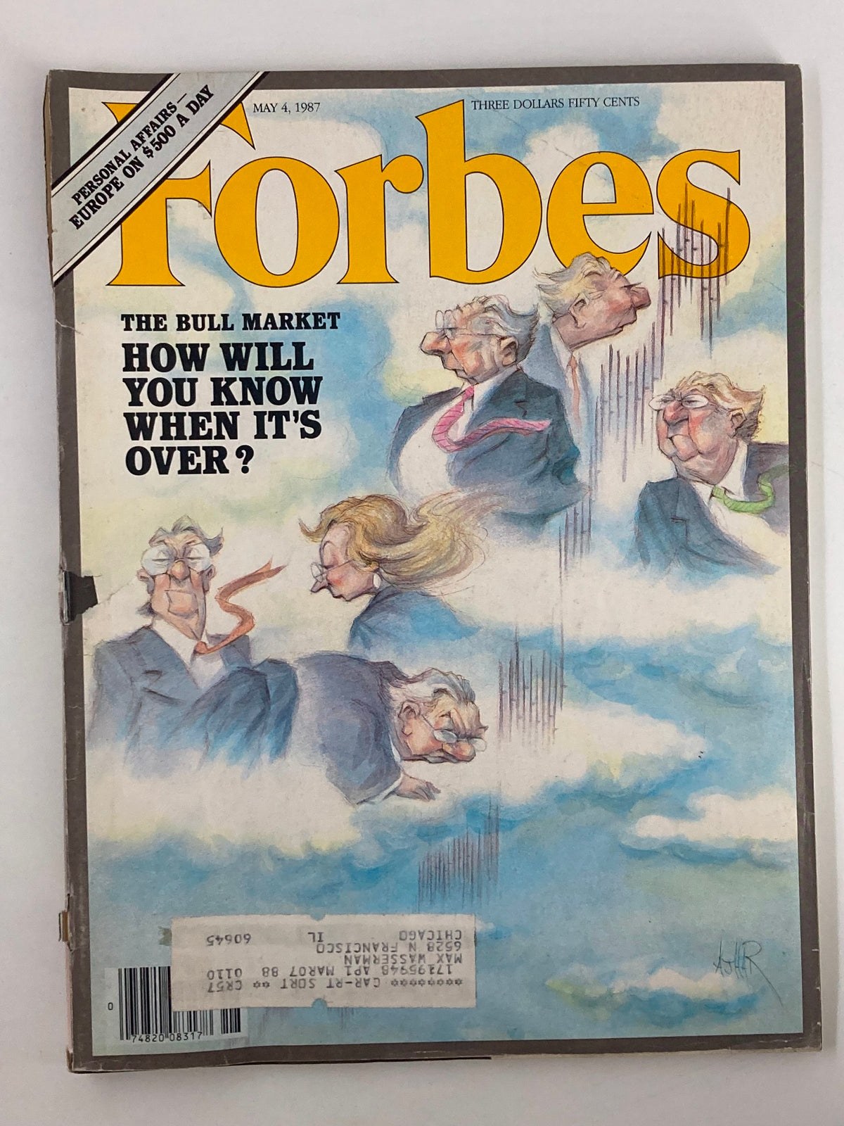 Cover of Forbes Magazine from May 4, 1987, featuring the title 'The Bull Market: How Will You Know When It's Over?' with a colorful illustration of business figures.