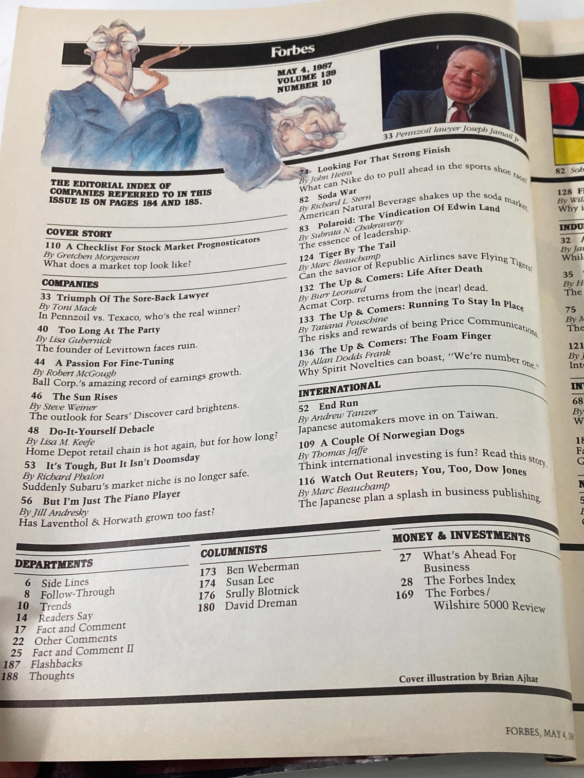 Editorial index page of Forbes Magazine May 4, 1987, displaying the table of contents, featuring articles including the cover story on the bull market.