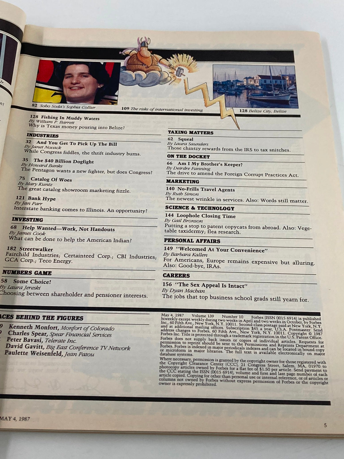 Interior page of Forbes Magazine May 4, 1987, showcasing various articles, including topics on investments and businesses.