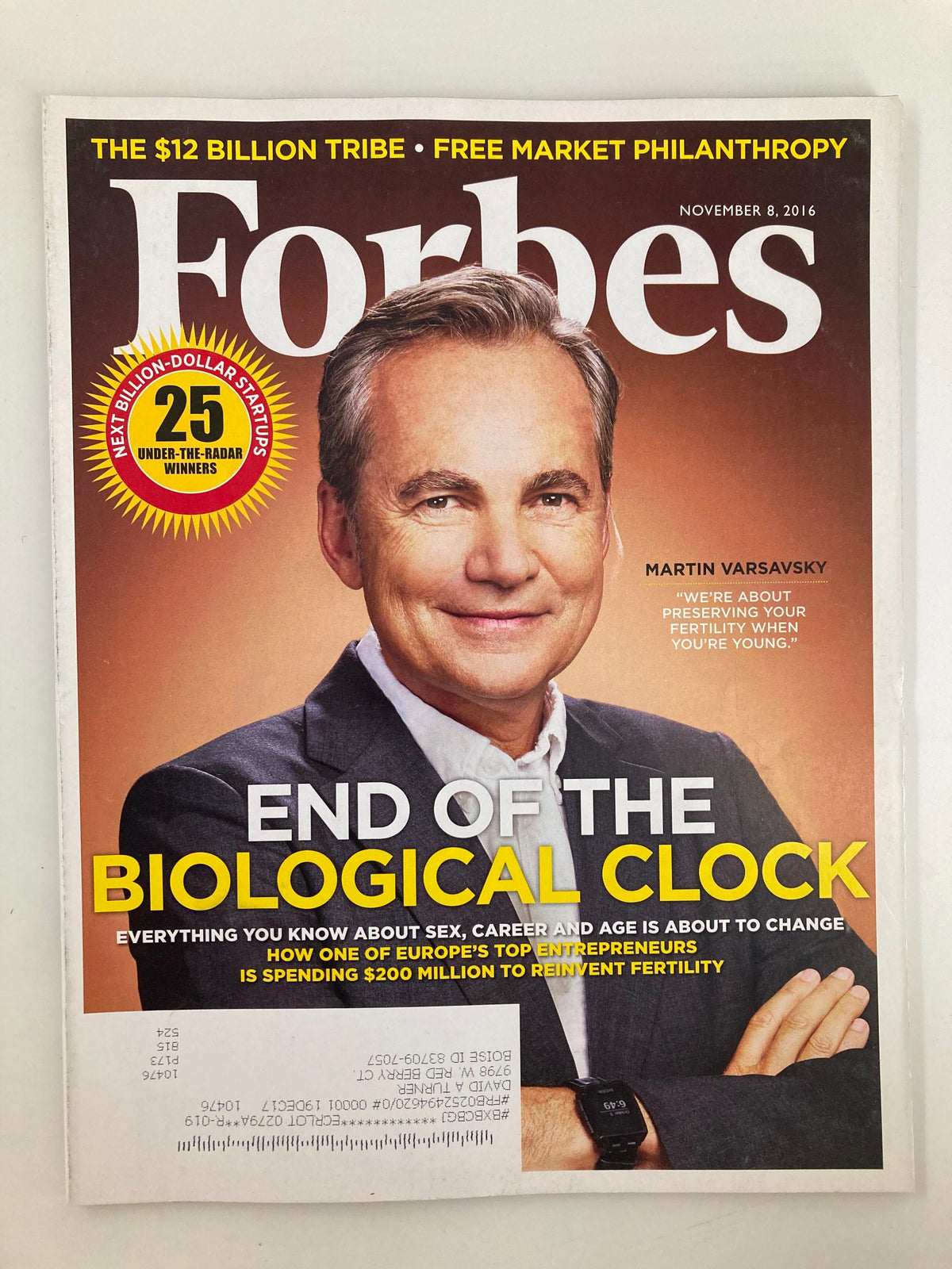 Cover of Forbes Magazine dated November 8, 2016, featuring Martin Varsavsky with the headline 'End of the Biological Clock', discussing sex, career, and the future of fertility.