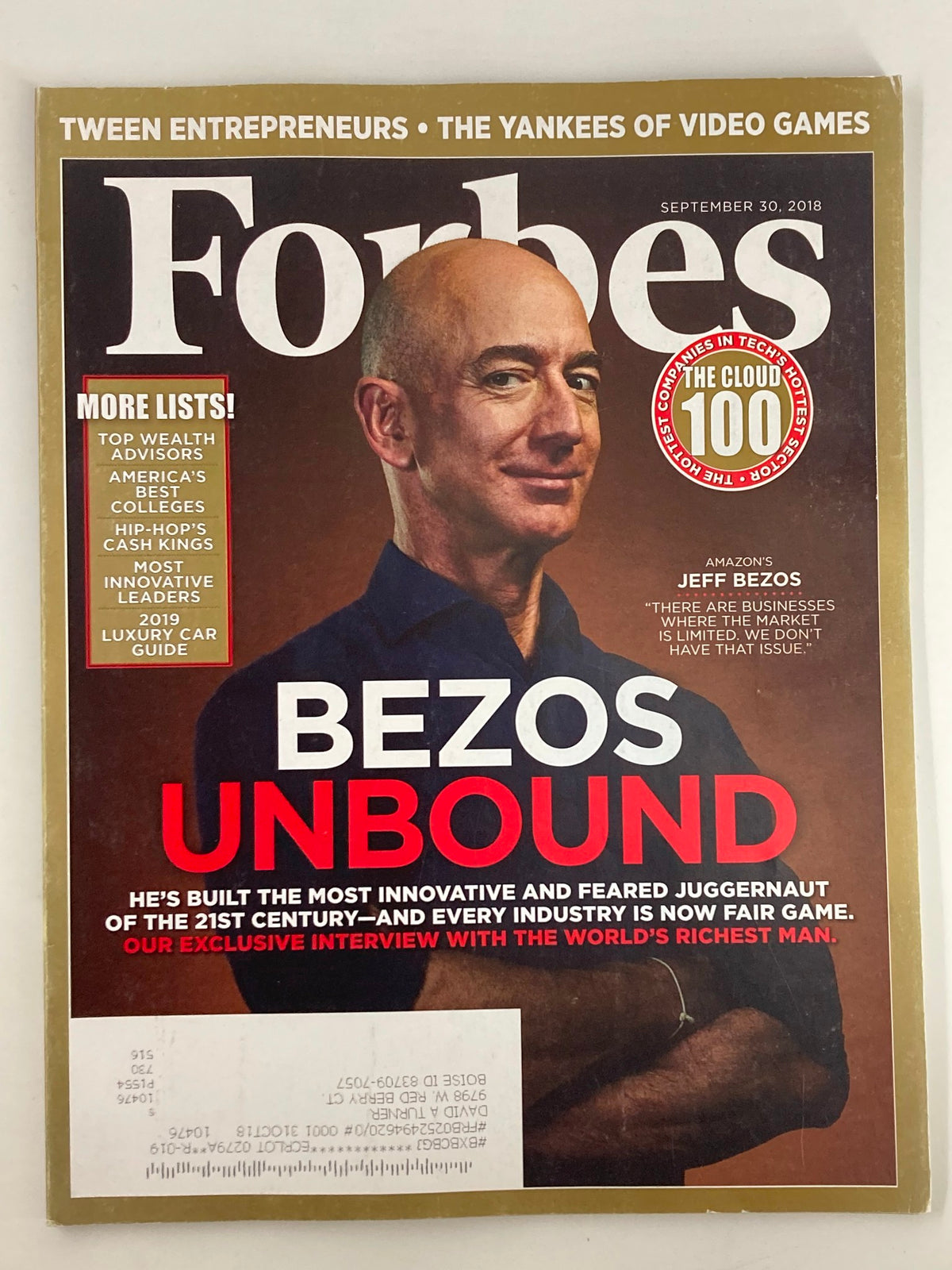 Forbes Magazine cover featuring Jeff Bezos on September 30, 2018, highlighting him as the world's richest man with the headline 'BEZOS UNBOUND'. This vintage issue offers insights into Bezos's business influence and strategies.