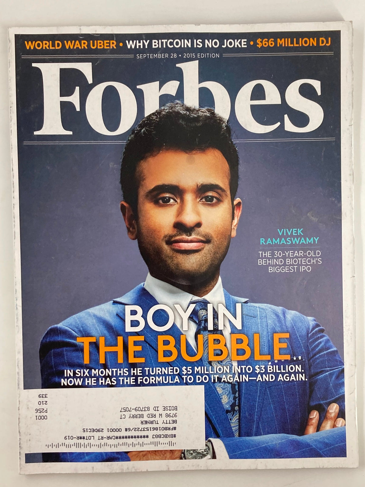 Forbes Magazine September 28 2015 cover featuring Vivek Ramaswamy with the title 'Boy In The Bubble,' highlighting entrepreneurship and business success stories.