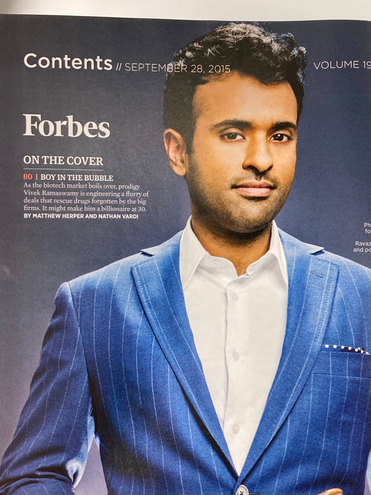 Forbes Magazine September 28 2015 cover featuring Vivek Ramaswamy, highlighting the story 'Boy In The Bubble' with a professional portrait of Vivek.