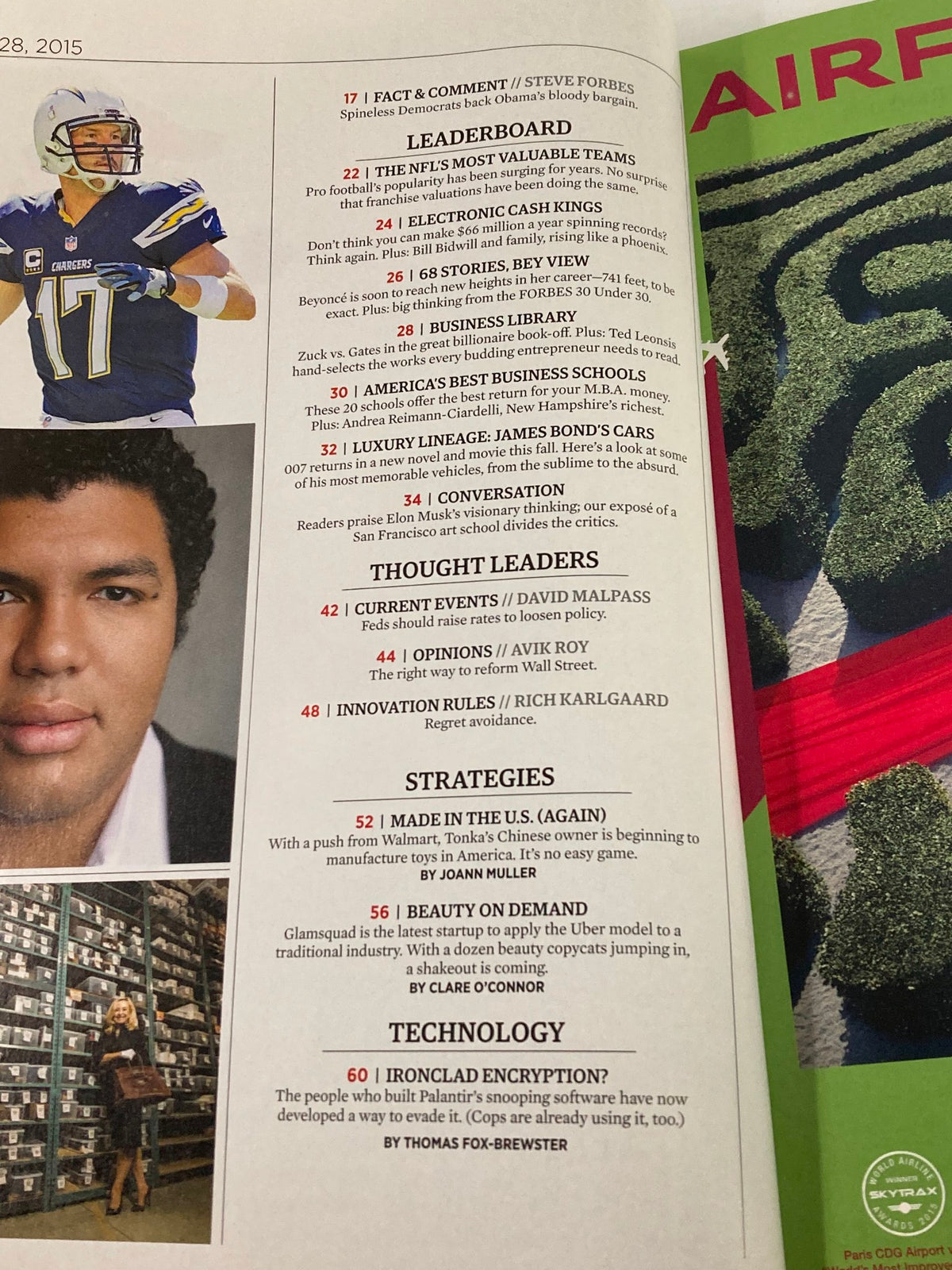 Contents page of Forbes Magazine September 28 2015, listing various articles including 'Boy In The Bubble' and contributions from Steve Forbes.