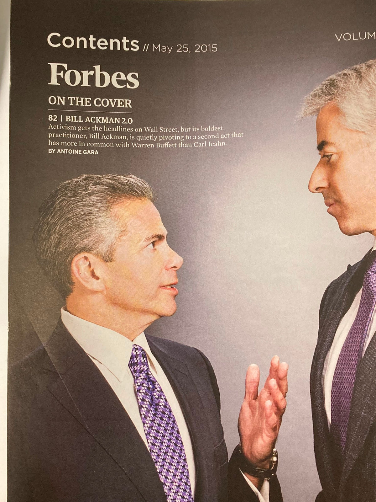Forbes Magazine May 25, 2015 cover featuring Bill Ackman and a discussion on activist investing, highlighting the influence of Ackman compared to Warren Buffett.