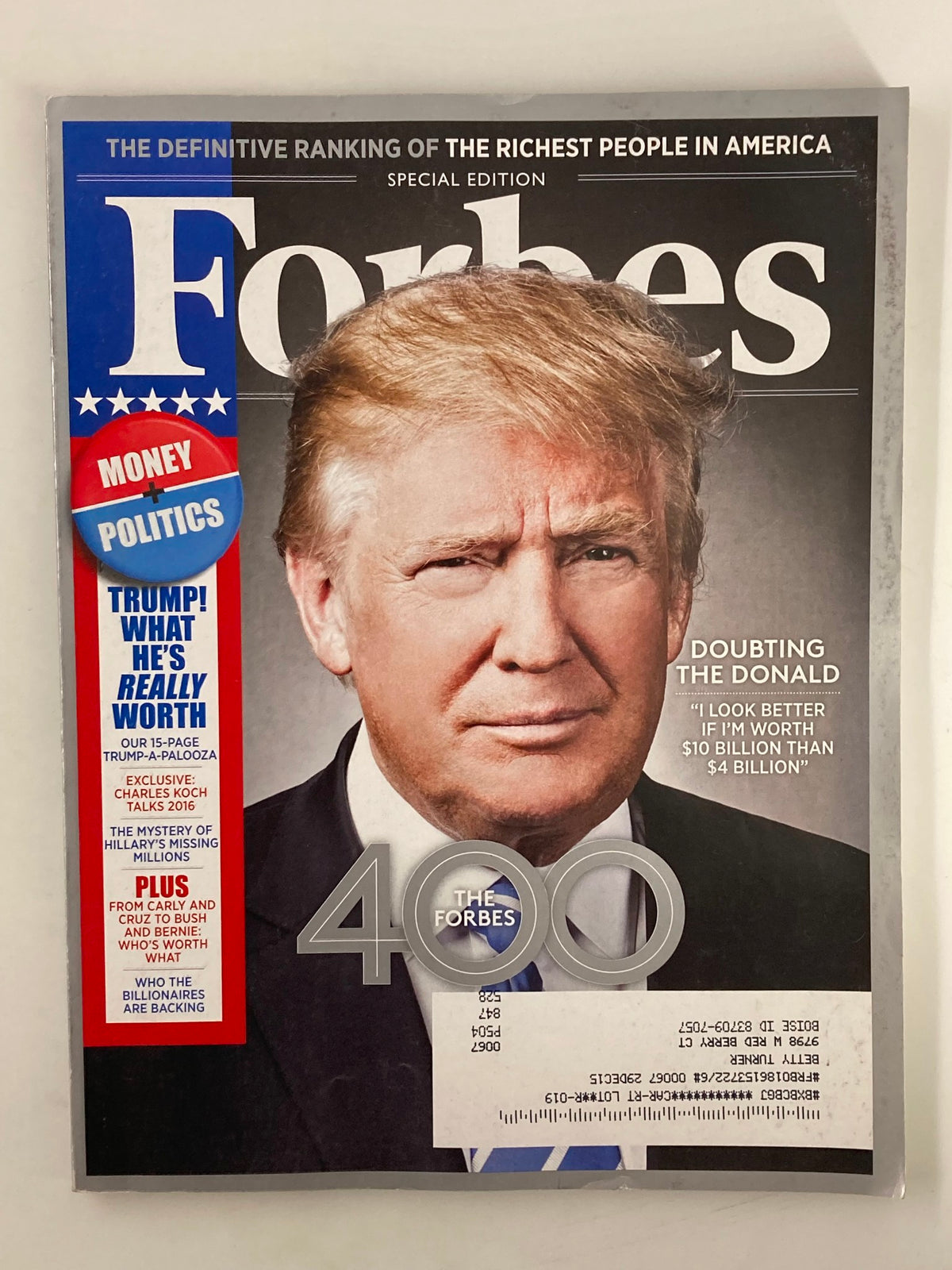 Forbes Magazine October 19 2015 cover featuring Donald Trump, highlighting the Forbes 400 list with a focus on wealth and politics.