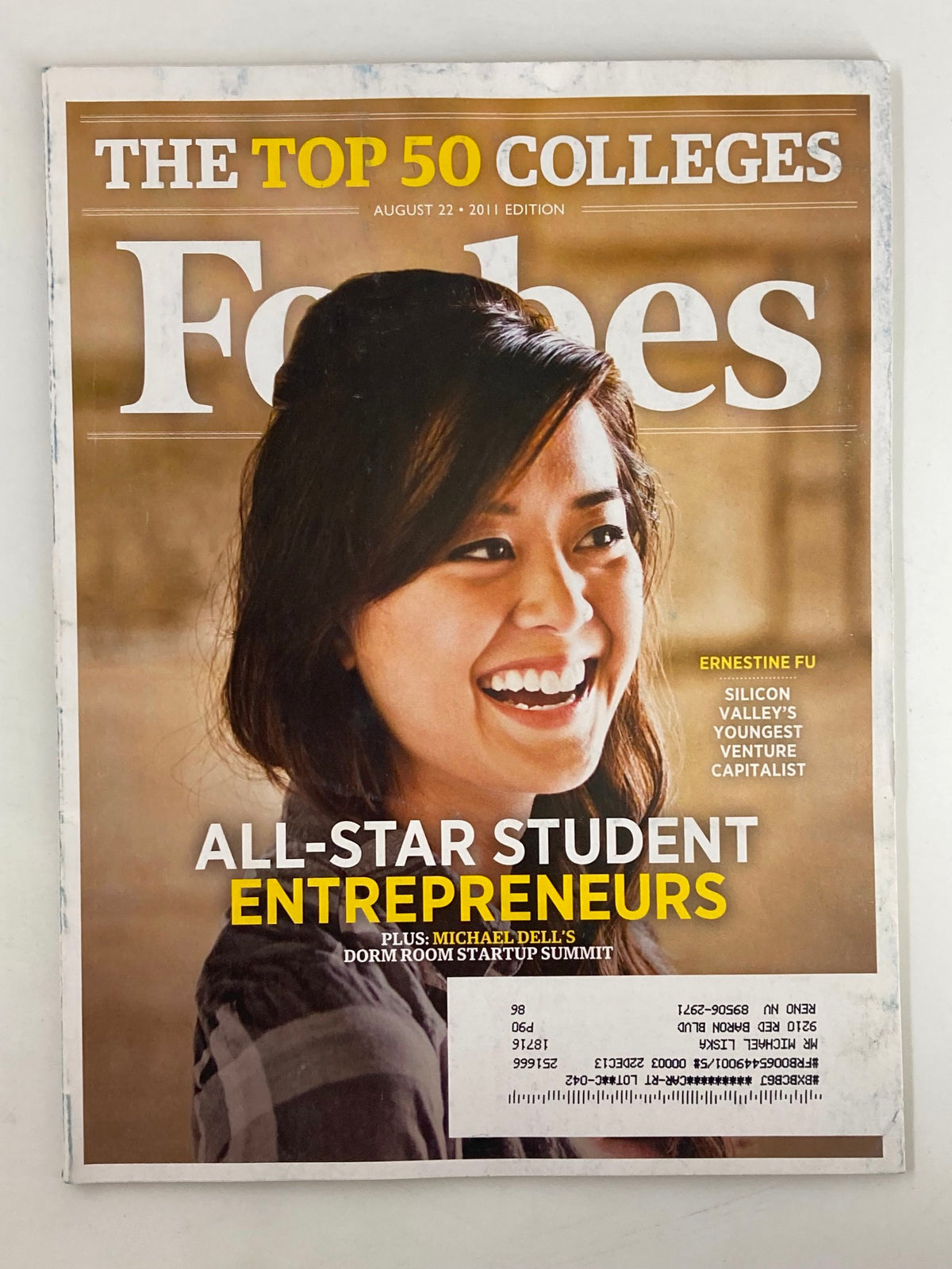 Cover of Forbes Magazine, August 22, 2011 edition featuring Ernestine Fu, highlighting 'All-Star Student Entrepreneurs' and showcasing a smiling young entrepreneur.