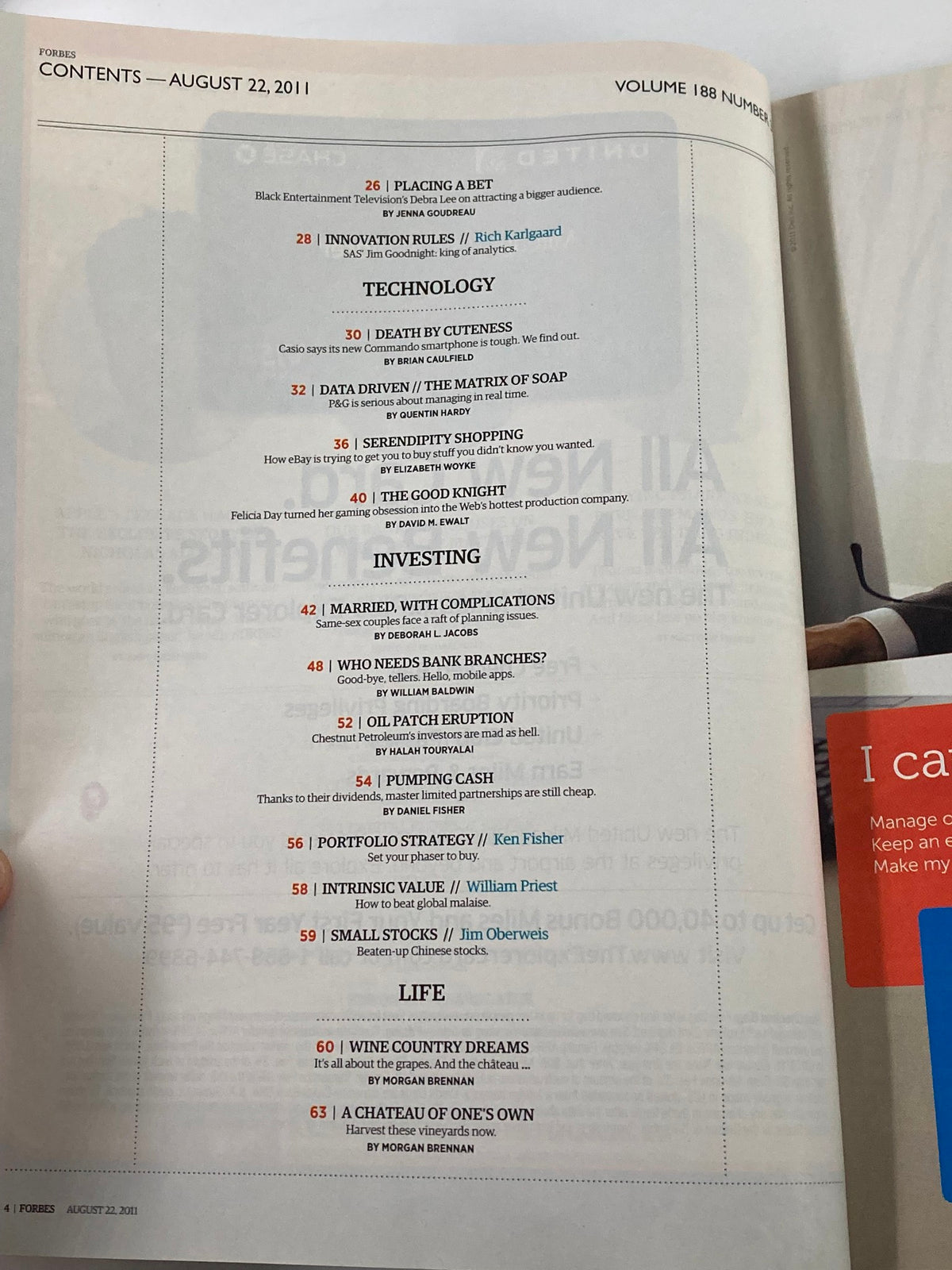 Contents page of Forbes Magazine, August 22, 2011 edition, listing articles on technology, investing, and lifestyle, featuring the issue's title 'All-Star Student Entrepreneurs'.