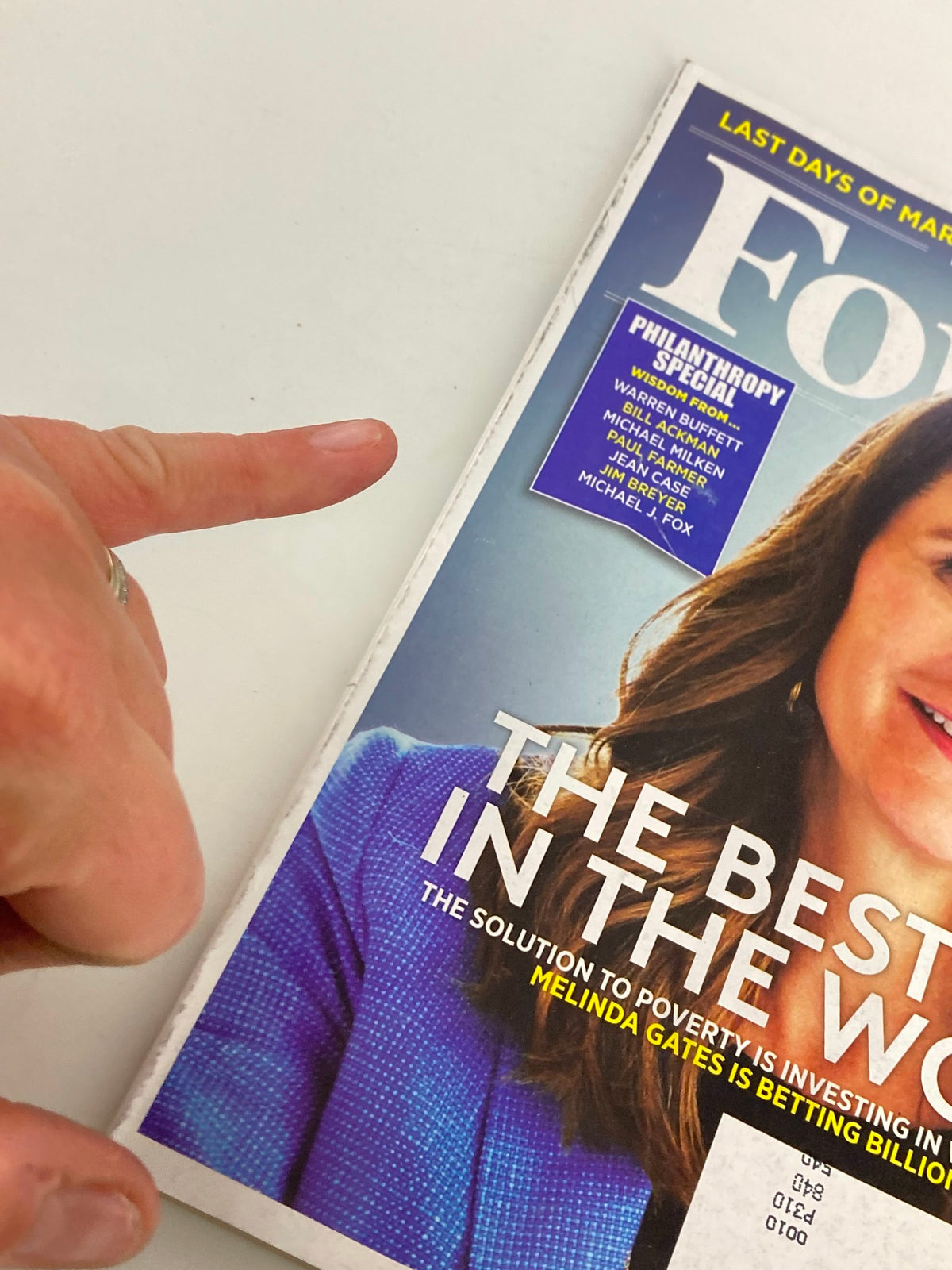 Cover of Forbes Magazine December 14, 2015 featuring Melinda Gates with the title 'The Best Idea in the World' and highlighting philanthropy awareness.