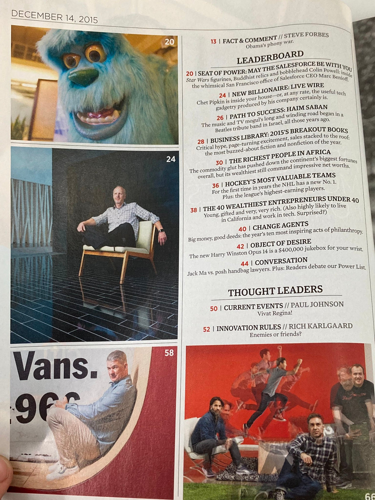 Interior spread of Forbes Magazine December 14, 2015 displaying various articles including 'Thought Leaders' and 'Innovation Rules', alongside a colorful illustration.