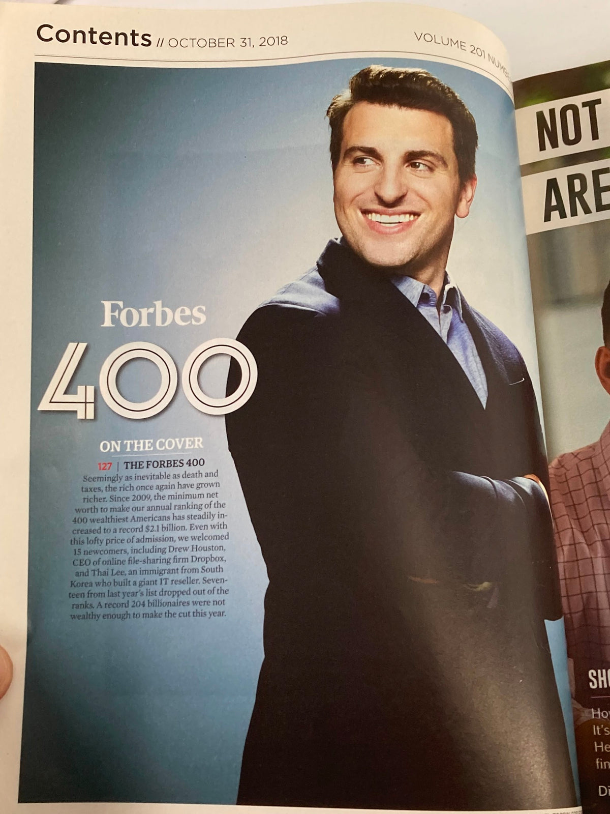 Contents page of Forbes Magazine October 31, 2018 featuring Brian Chesky, co-founder of Airbnb, with the headline 'Forbes 400.' Highlights the wealthiest individuals in the U.S. and notable stories of innovation and leadership.