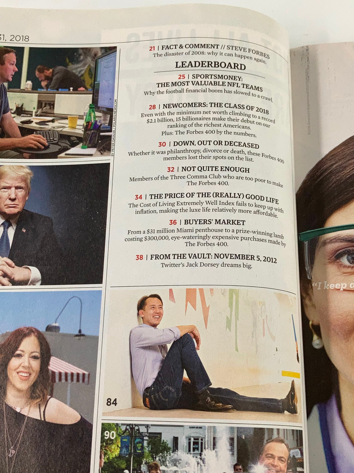 Leader board section of Forbes Magazine October 31, 2018, displaying various financial insights, including 'The Price of Really Good Life' and notable figures like Steve Forbes and Jack Dorsey, reflecting on wealth and market trends.