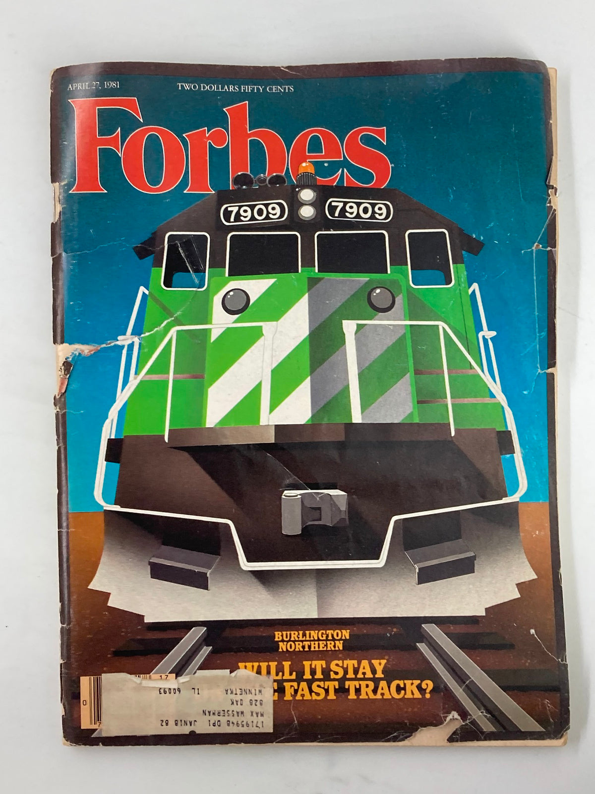 Cover of VTG Forbes Magazine from April 27, 1981, featuring a Burlington Northern train with the title 'Will It Stay on Fast Track?' showcasing the themes of international finance and OPEC opportunities.