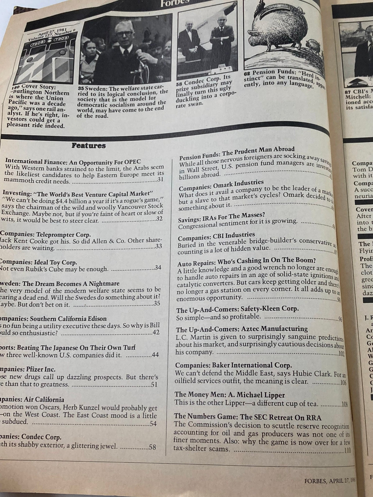 Inside features of Forbes Magazine from April 27, 1981, highlighting articles related to international finance and OPEC.