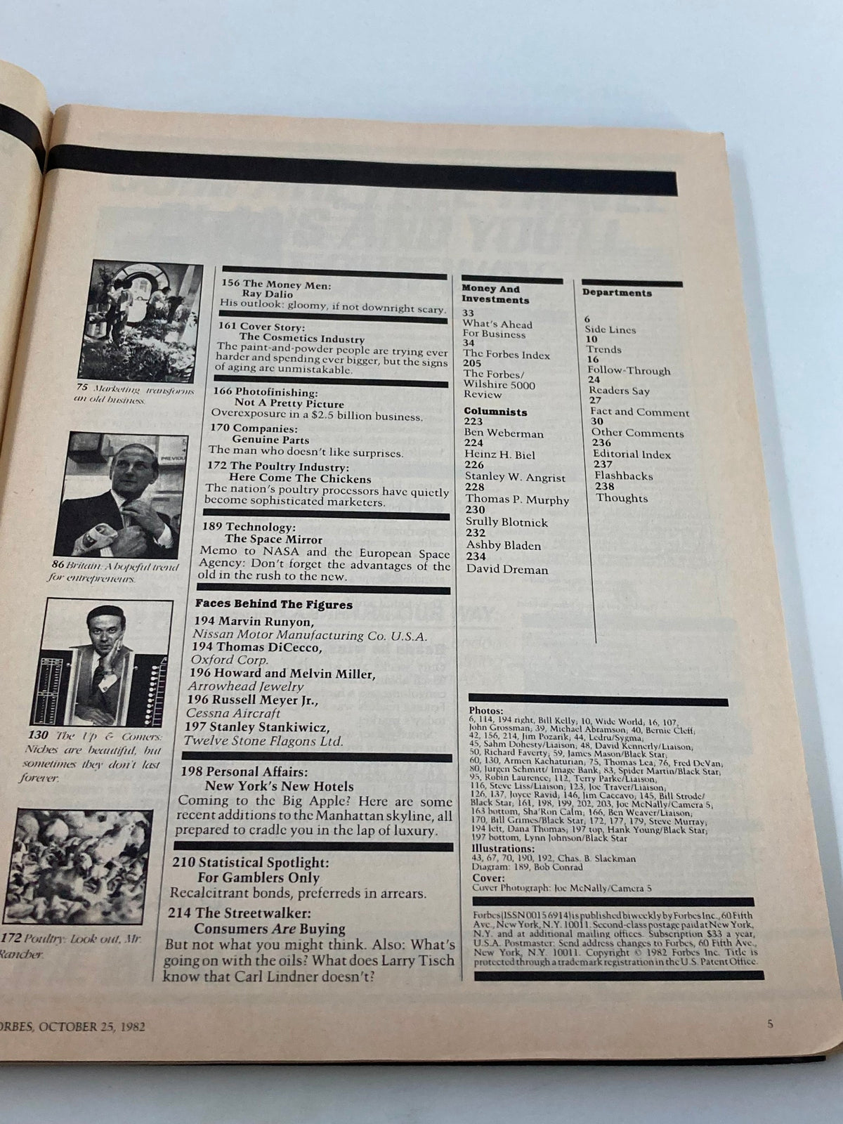 Another interior page of Forbes Magazine dated October 25, 1982, providing a detailed table of contents highlighting various business topics from the issue, including 'The Cosmetics Game Today.'