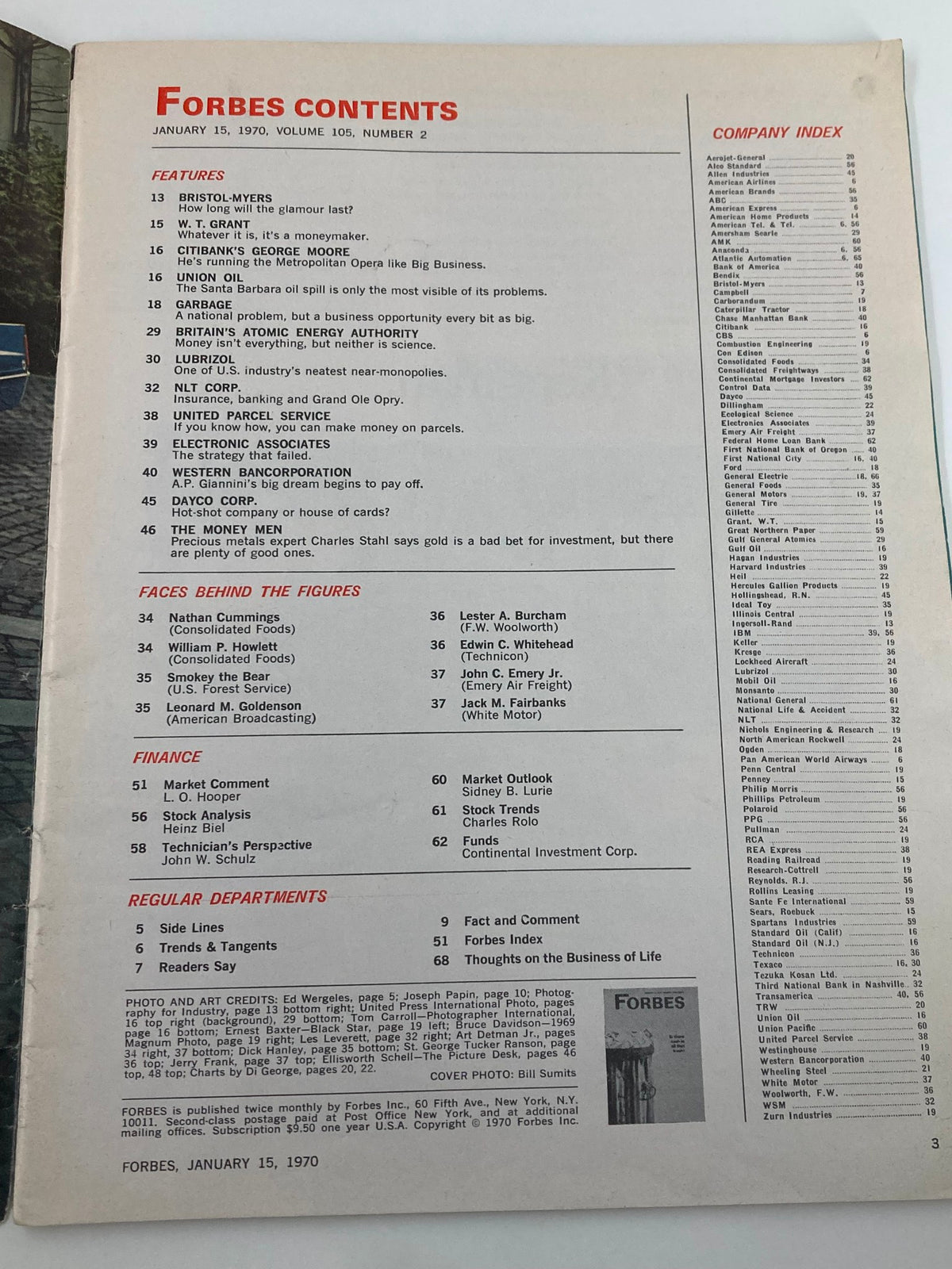 Contents page of Forbes Magazine, January 15, 1970, showcasing articles including features on Britain's Atomic Energy Authority and key business discussions. This page reflects the magazine's focus on significant technological developments during the late 1960s.