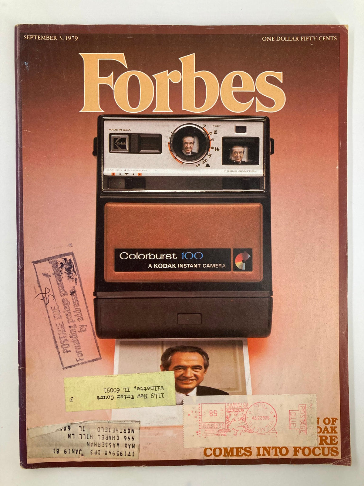 Forbes Magazine cover from September 3, 1979, featuring a Kodak Colorburst 100 instant camera. The design includes the magazine title and vintage advertisements, showcasing a nostalgic snapshot of consumer photography history.