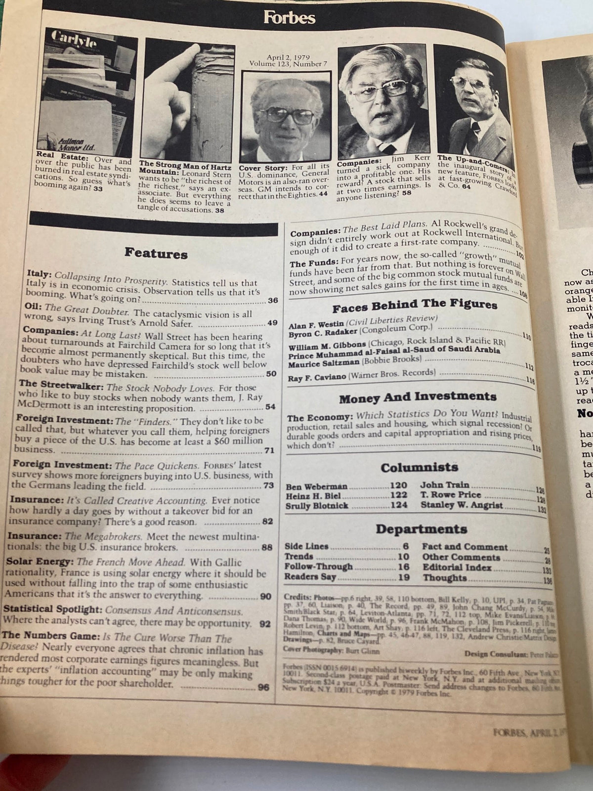 Inside page of VTG Forbes Magazine April 2 1979 displaying article features and contents.