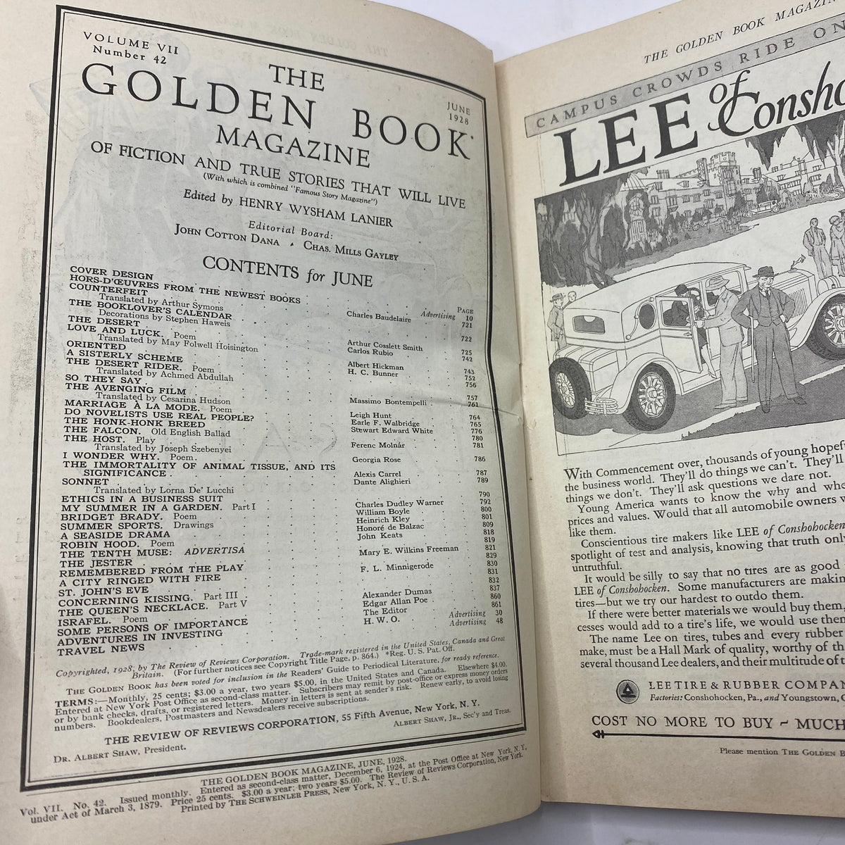 Table of contents from The Golden Book Magazine June 1928 Vol 7 No. 42 displaying featured articles.