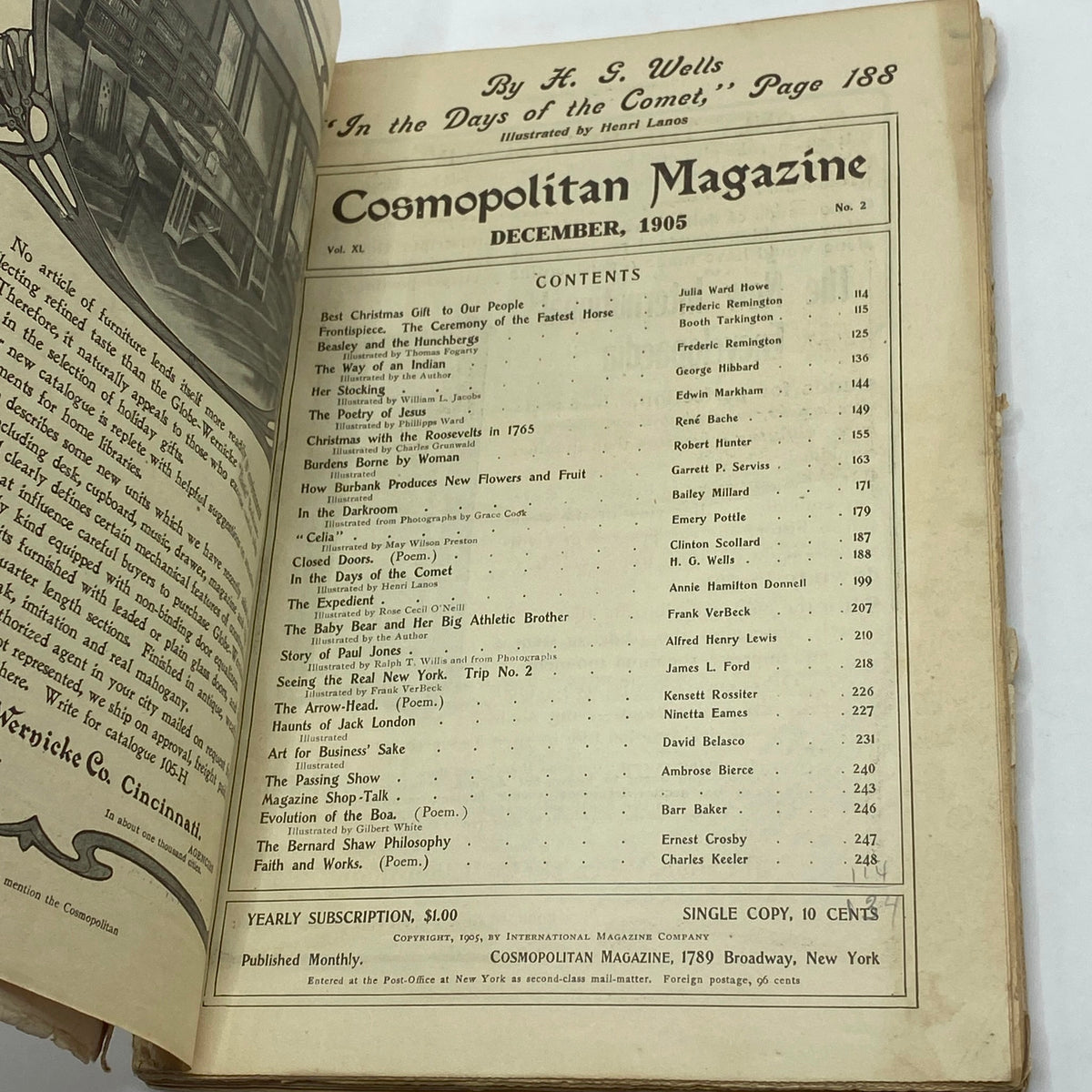 Interior page featuring the contents of VTG Cosmopolitan Magazine December 1905, showcasing articles and illustrations relevant to the era.