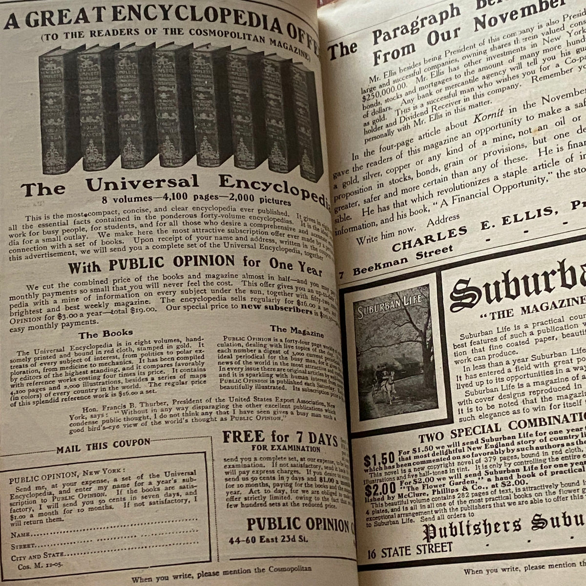 An advertisement page from VTG Cosmopolitan Magazine December 1905, showcasing vintage promotional content and offers along with magazine subscriptions.