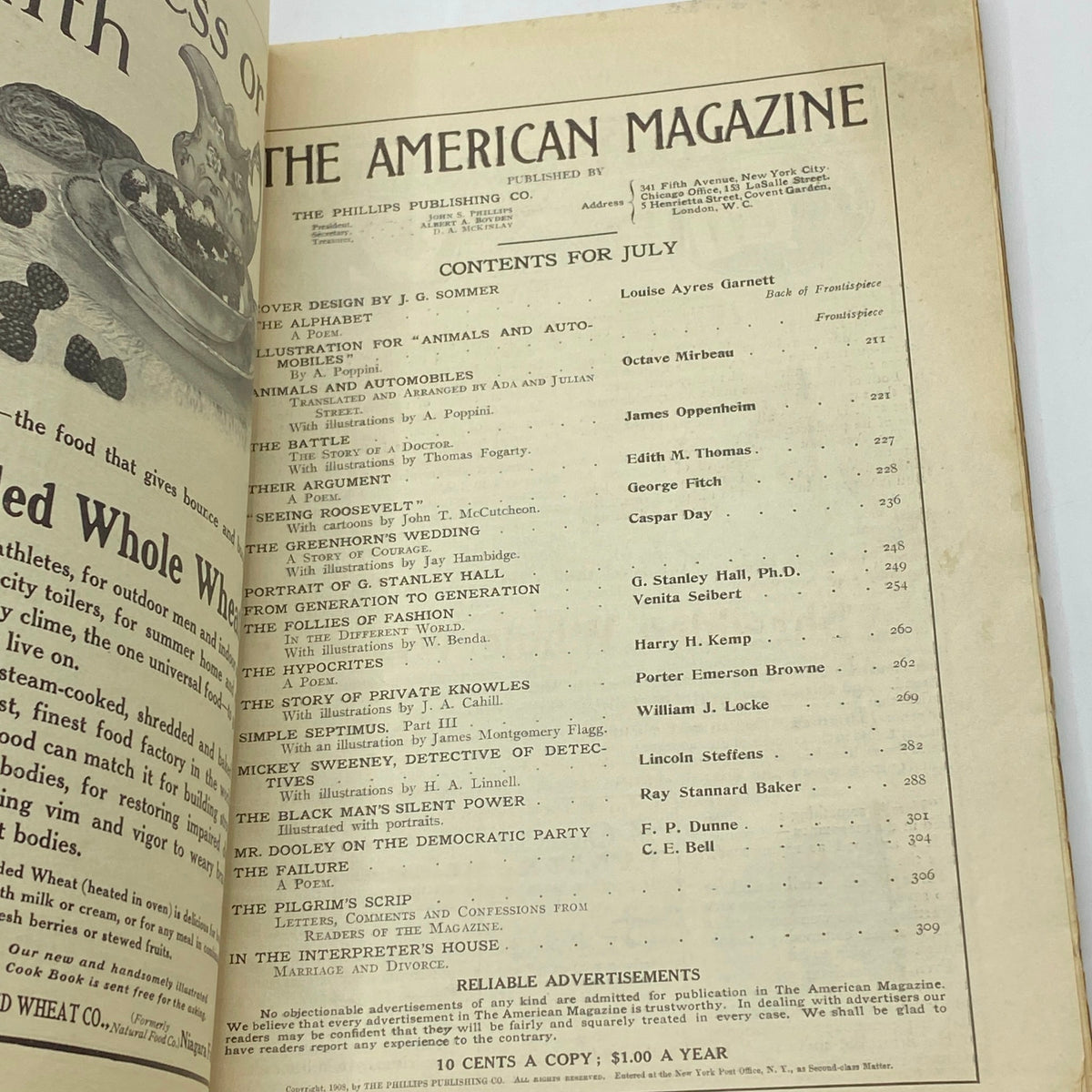 Interior page of VTG The American Magazine 1908 showing the table of contents, including articles focused on the Democratic Party and various historical topics.