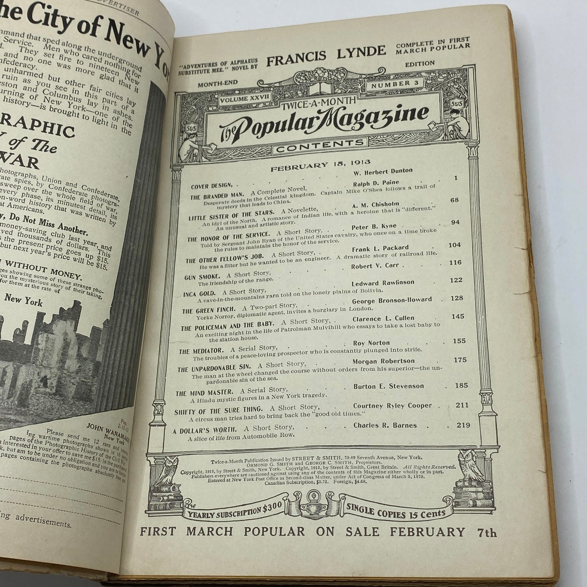Contents page of VTG The Popular Magazine February 15, 1913 The Branded Man, featuring article titles and pagination.
