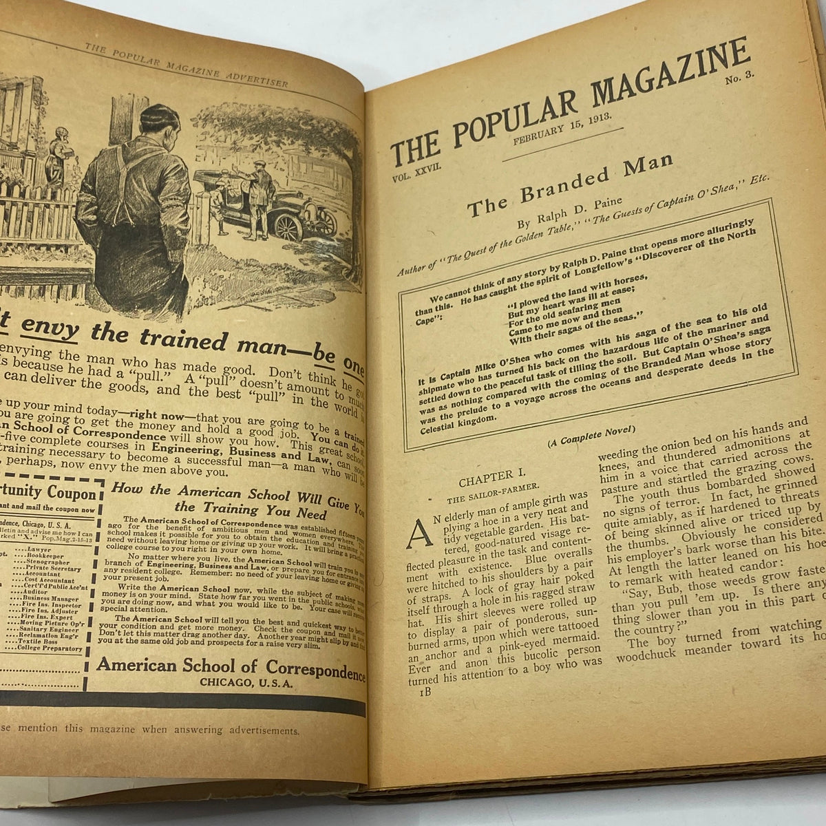 The opening page of the story 'The Branded Man' in VTG The Popular Magazine February 15, 1913, including illustrations and introductory text.