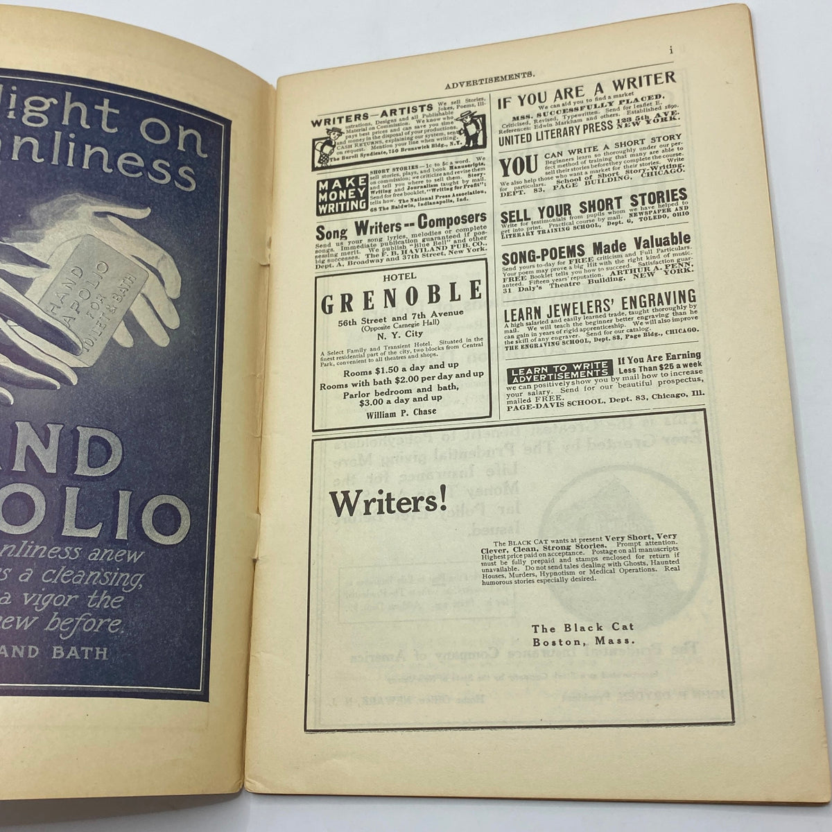 Advertisement page from VTG The Black Cat Magazine August 1909 featuring writer opportunities and hotel listings.