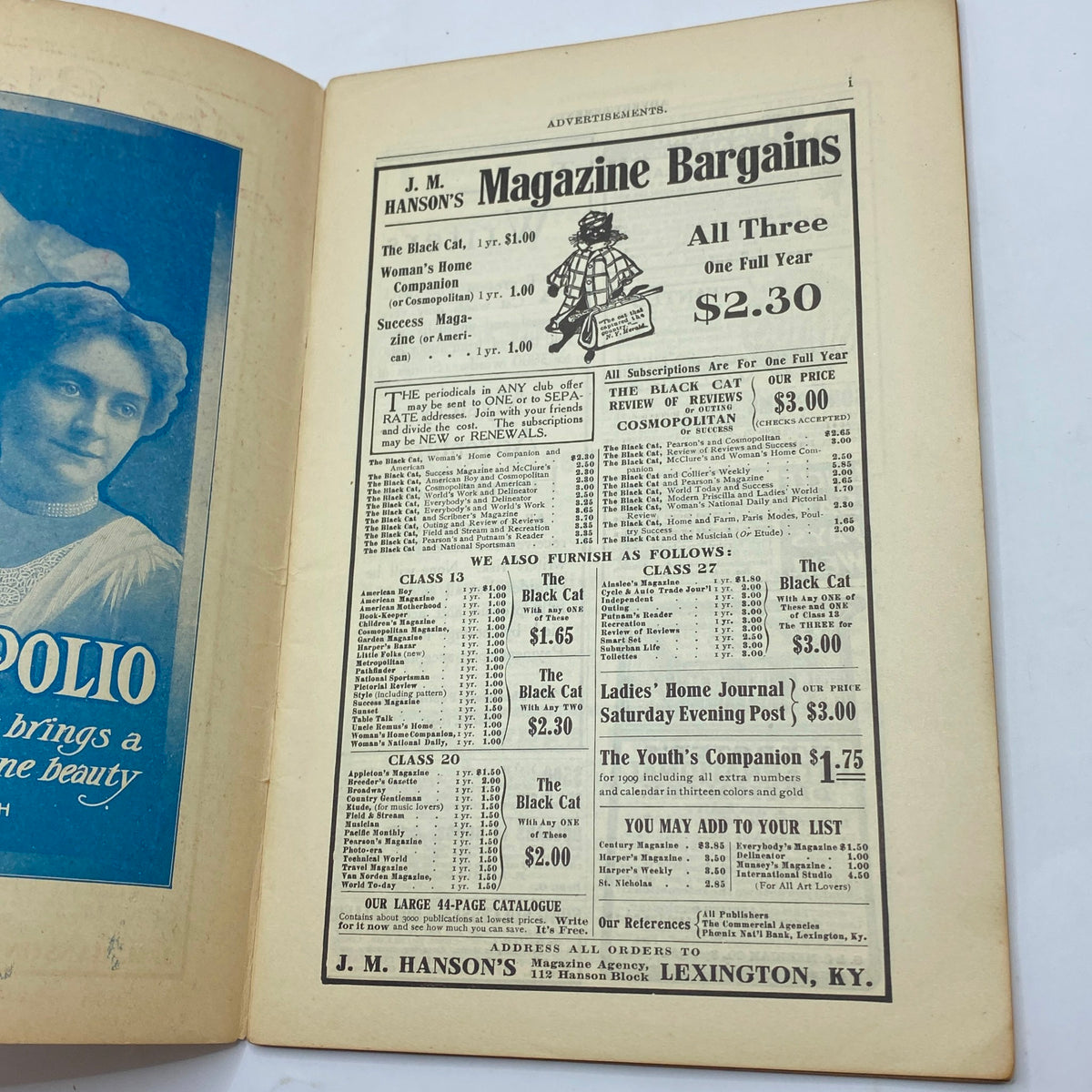 Inside page of VTG The Black Cat Magazine December 1908 displaying an advertisement for magazine subscriptions, with details about pricing and featured magazines.