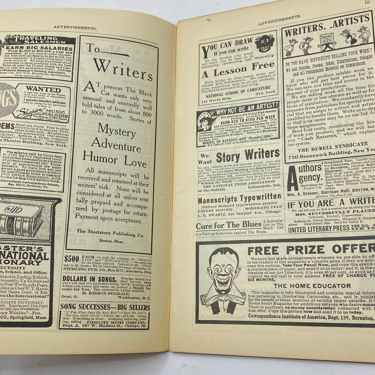 Advertisement page from VTG The Black Cat Magazine December 1908 featuring various offers for writers and artists, emphasizing opportunities in mystery and adventure genres.