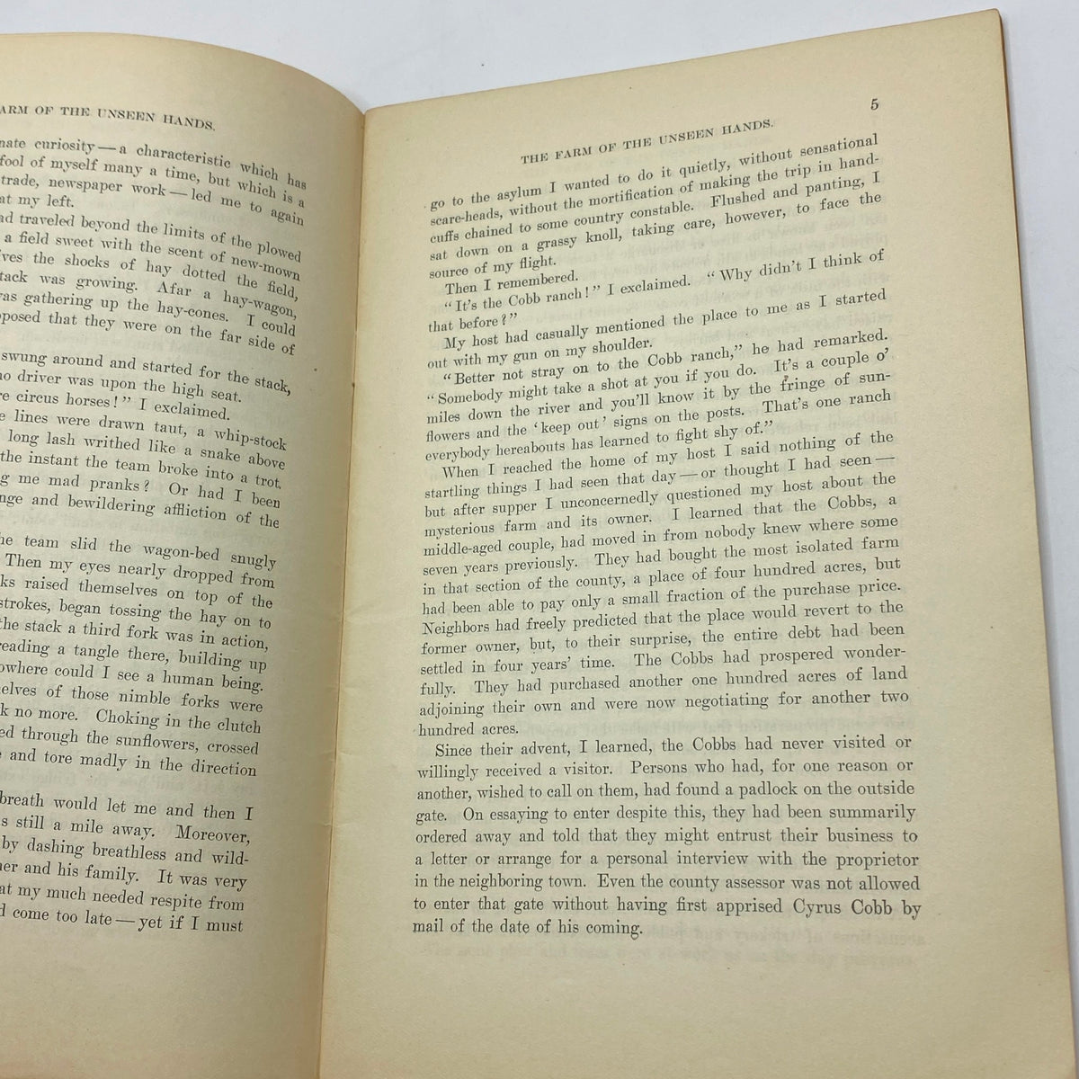 Interior page from VTG The Black Cat Magazine December 1908 showing the story 'The Farm of the Unseen Hands,' highlighting vintage formatting and printing style.
