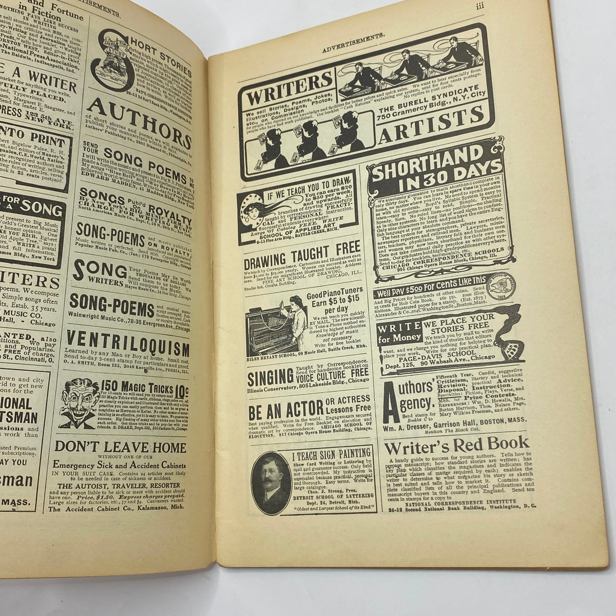 Interior page from VTG The Black Cat Magazine January 1907 showcasing advertisements for writers and artists, highlighting creative opportunities in early 20th-century literature.