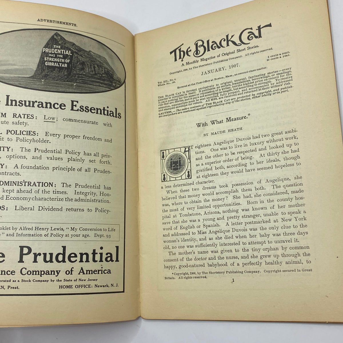 Inside view of VTG The Black Cat Magazine January 1907 featuring an advertisement and short story titled 'With What Measure.' Perfect for collectors of vintage literature.