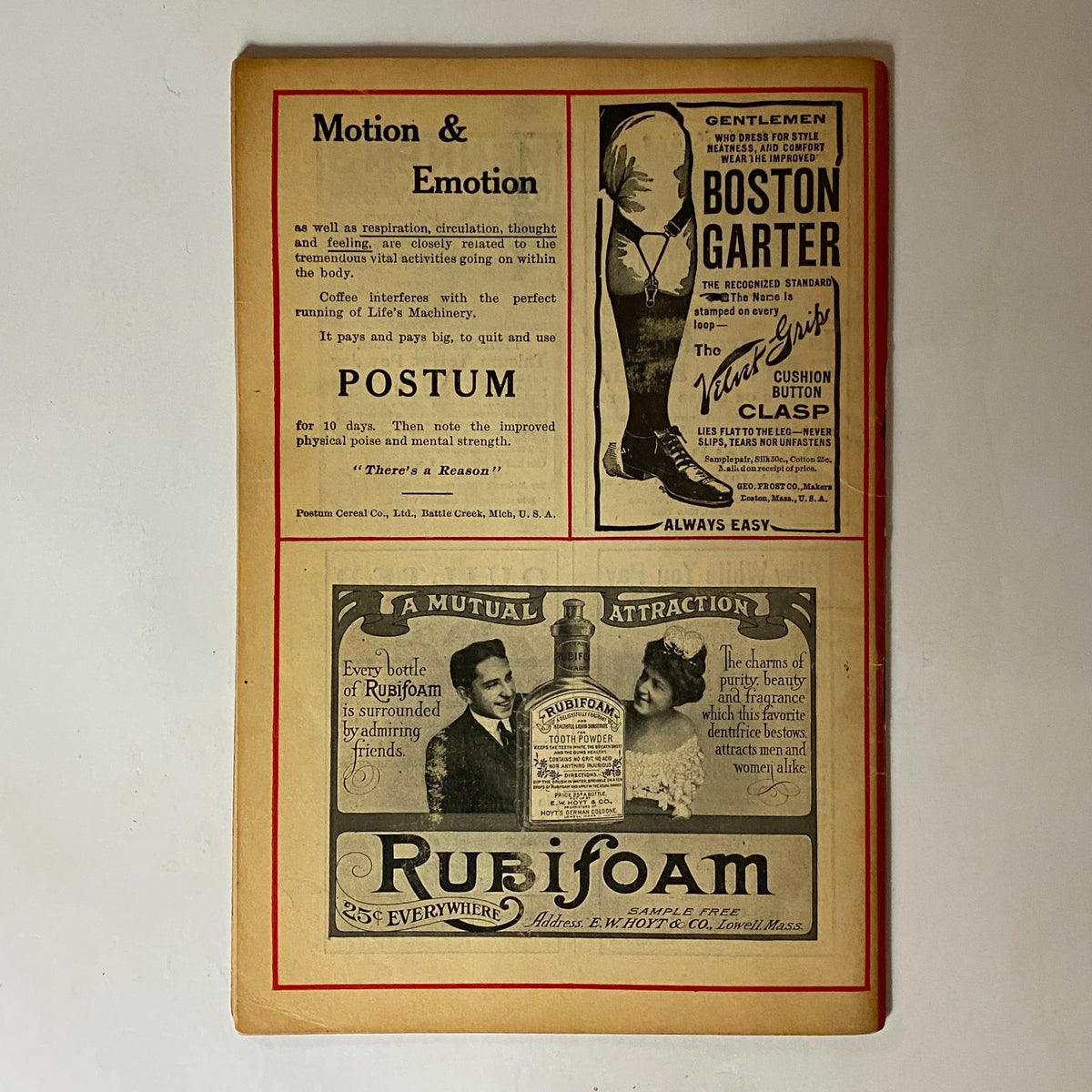 Back cover of VTG The Black Cat Magazine January 1907 showcasing advertisements including Postum and Rubifoam. A nostalgic representation of the advertising style from the early 1900s.