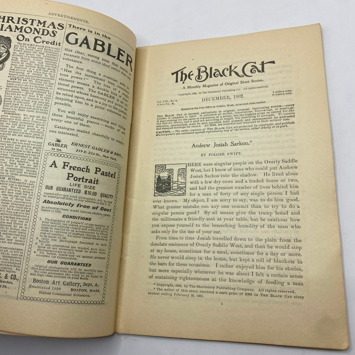 Interior page of VTG The Black Cat Magazine December 1902 showcasing the title page with the magazine's details, including 'The Black Cat' and a story introduction.