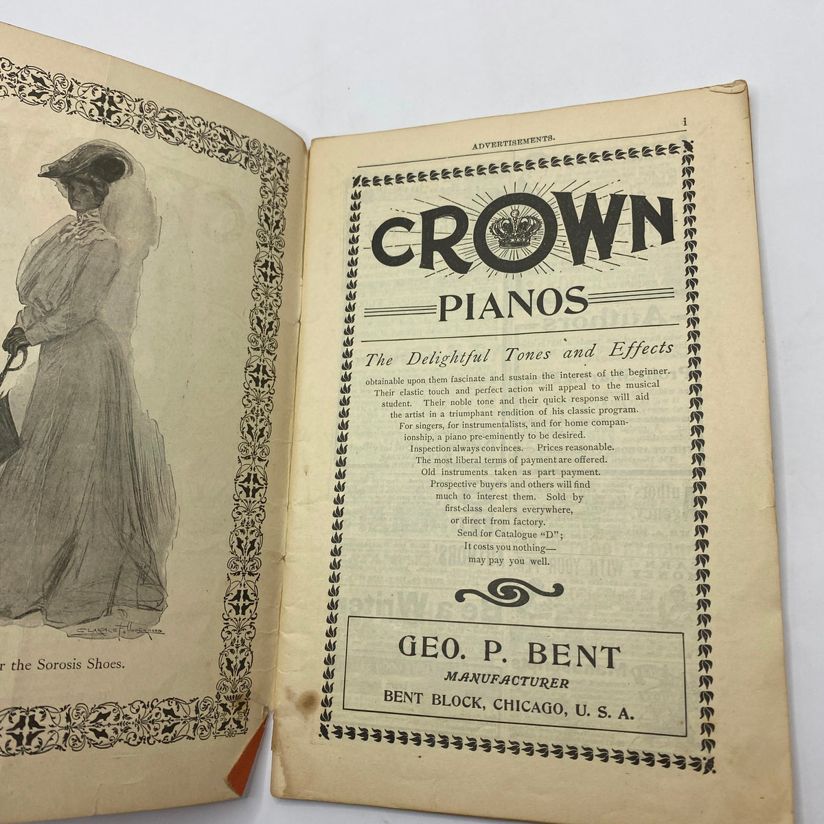 Interior page from VTG The Black Cat Magazine October 1902 featuring an advertisement for Crown Pianos, showcasing early 20th-century design and typography.