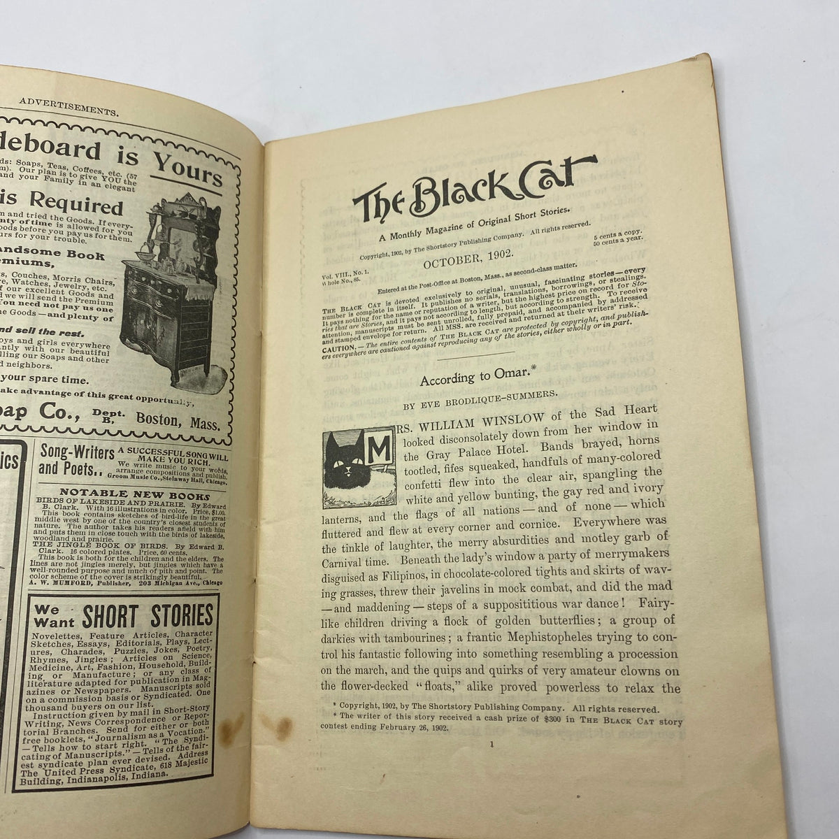 Title page of VTG The Black Cat Magazine October 1902, highlighting the magazine's edition and publication date.