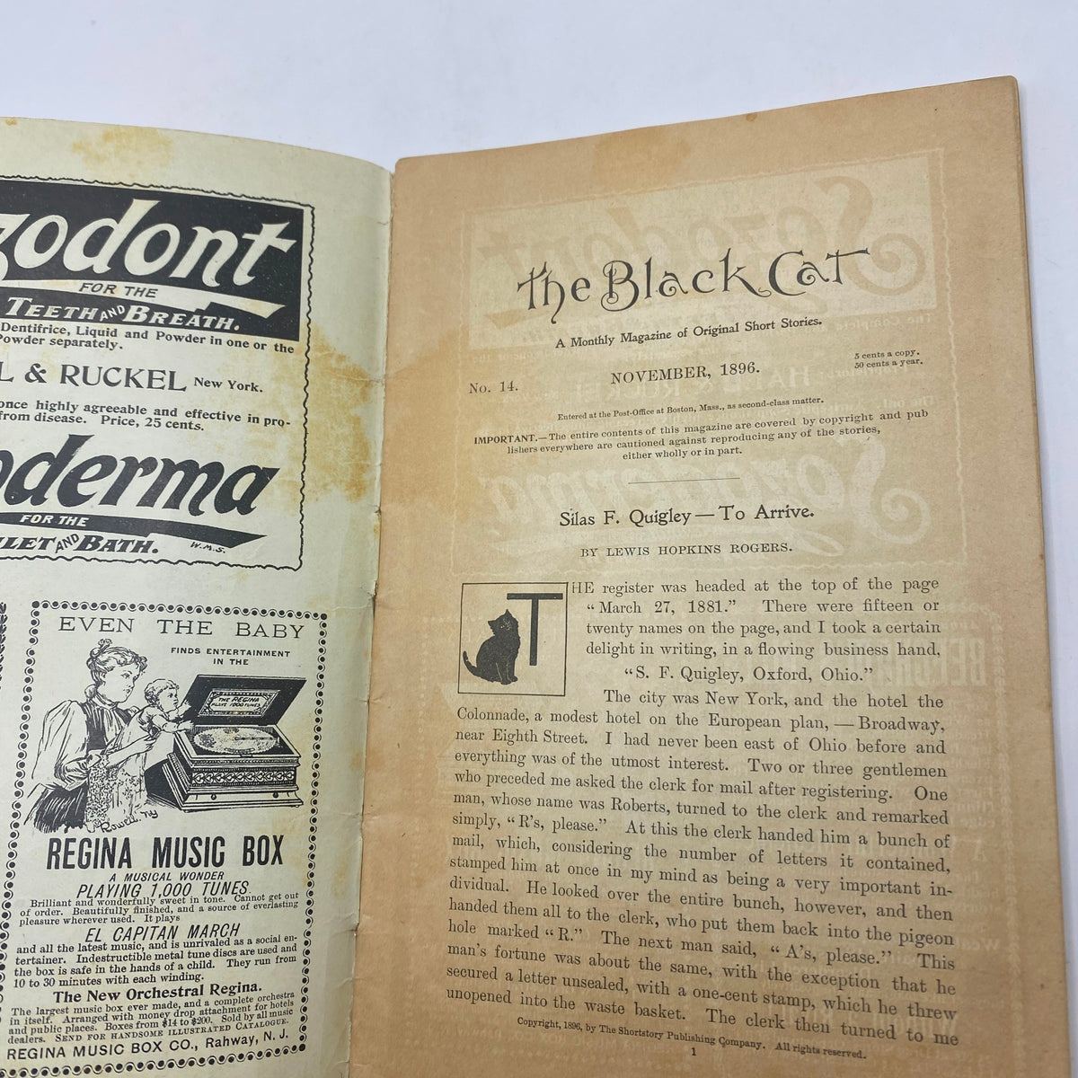 Inside page of VTG The Black Cat Magazine, November 1896 displaying the title and details. This page highlights contributions from Silas F. Quigley, emphasizing the magazine's historical significance in literature.