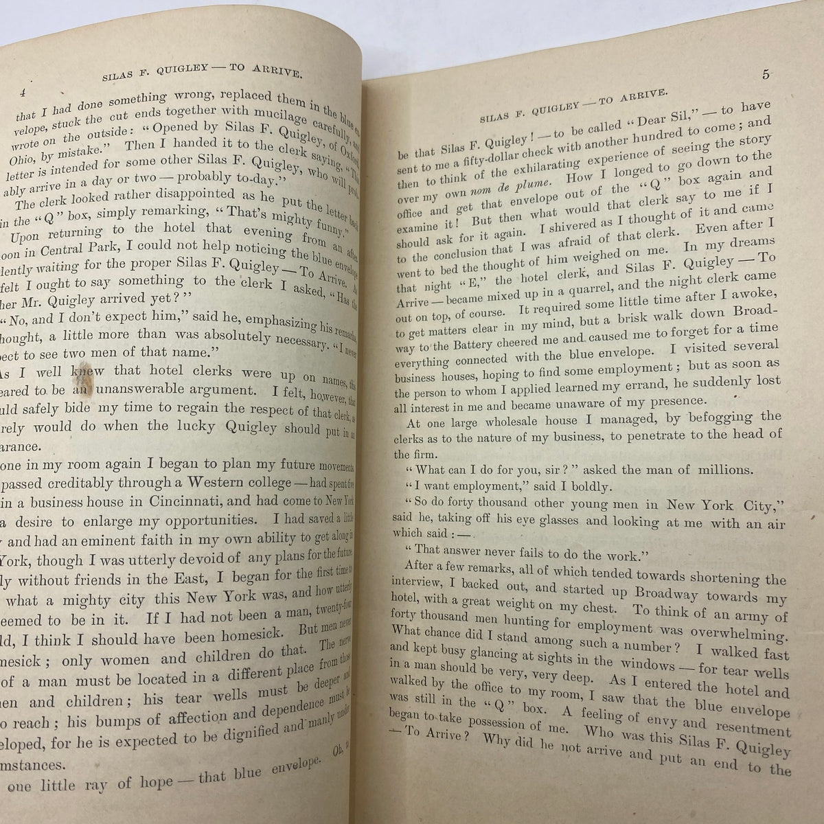 Interior view of VTG The Black Cat Magazine November 1896 featuring the story by Silas F. Quigley titled 'To Arrive', showcasing vintage text and layout.