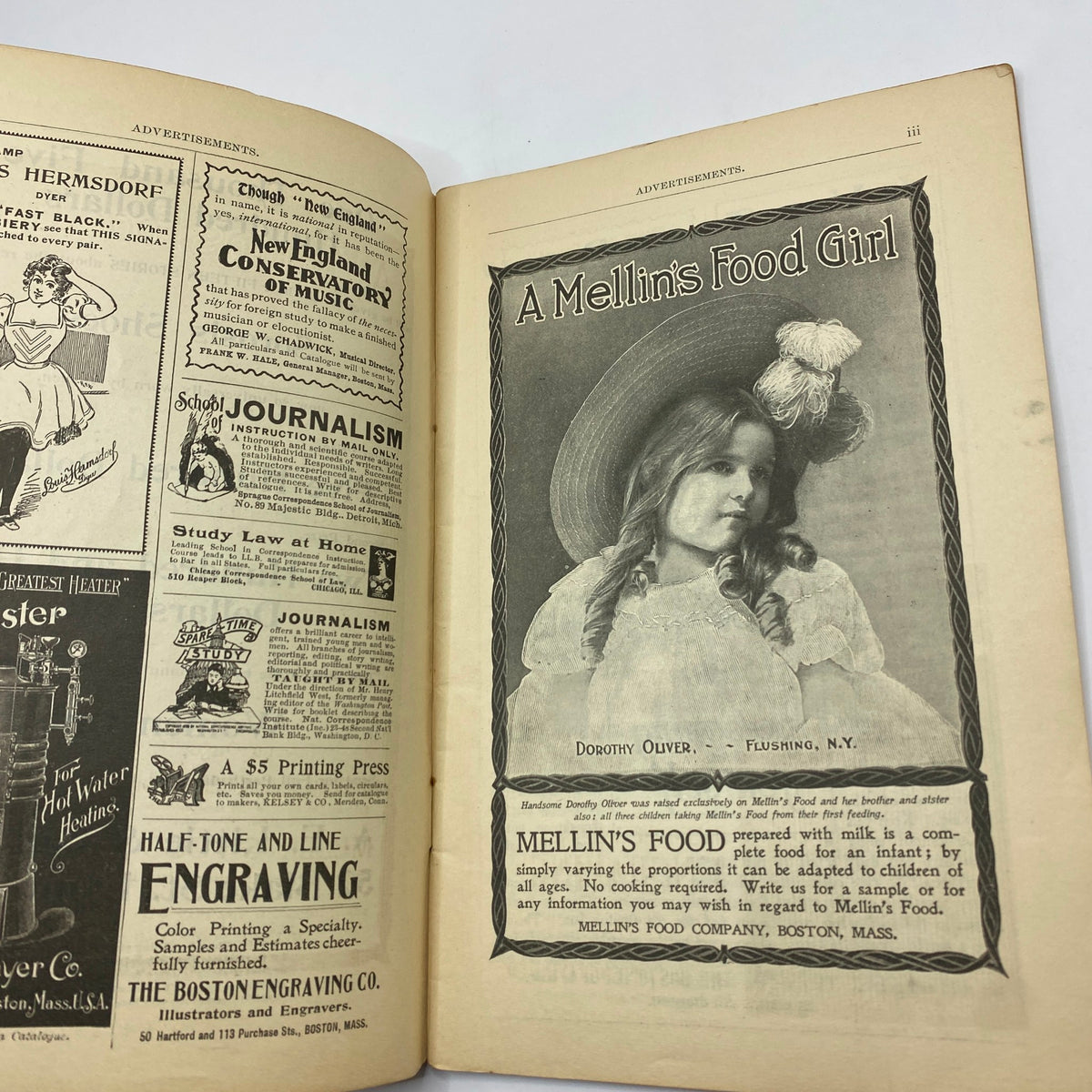 Inside page of VTG The Black Cat Magazine September 1899 featuring an advertisement for Mellin's Food Girl, showcasing vintage advertising from the late 19th century.