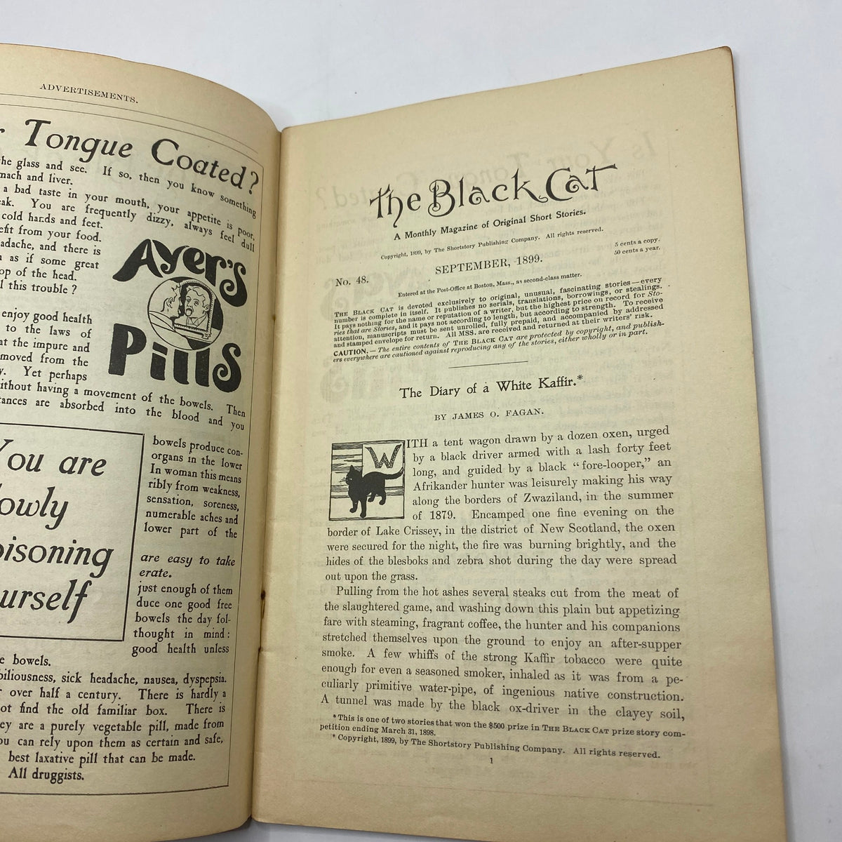 Inside page of VTG The Black Cat Magazine September 1899 displaying the magazine's title page and introduction, capturing the essence of early 20th-century literature.