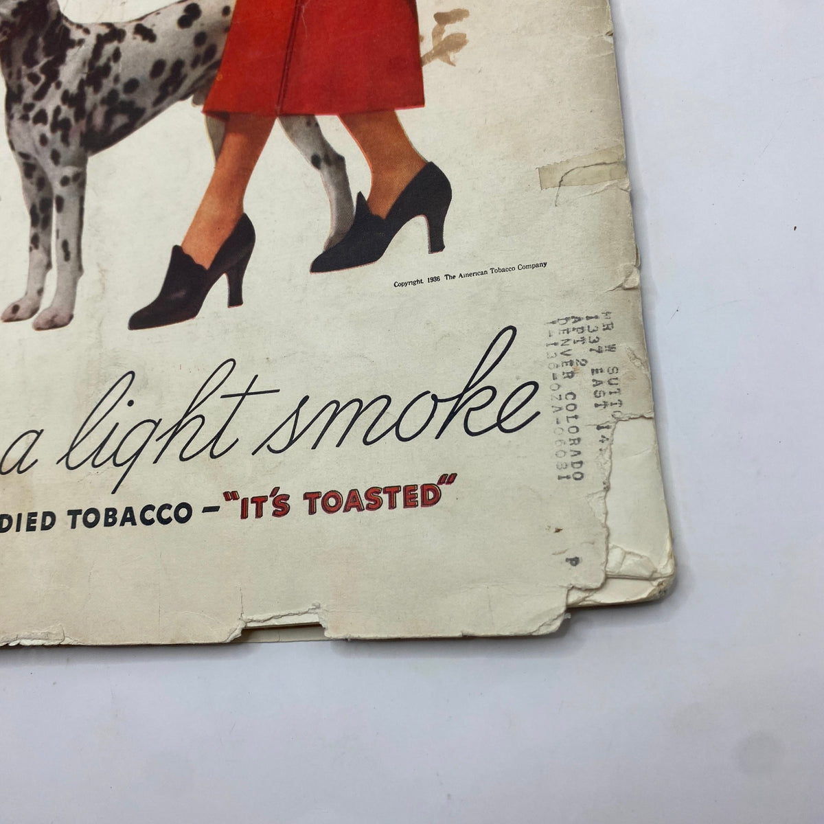 Detailed view of the lower corner of the back cover of VTG Life Magazine November 23, 1936, where the Lucky Strike cigarette advertisement continues, reflecting on the tobacco marketing of the era.