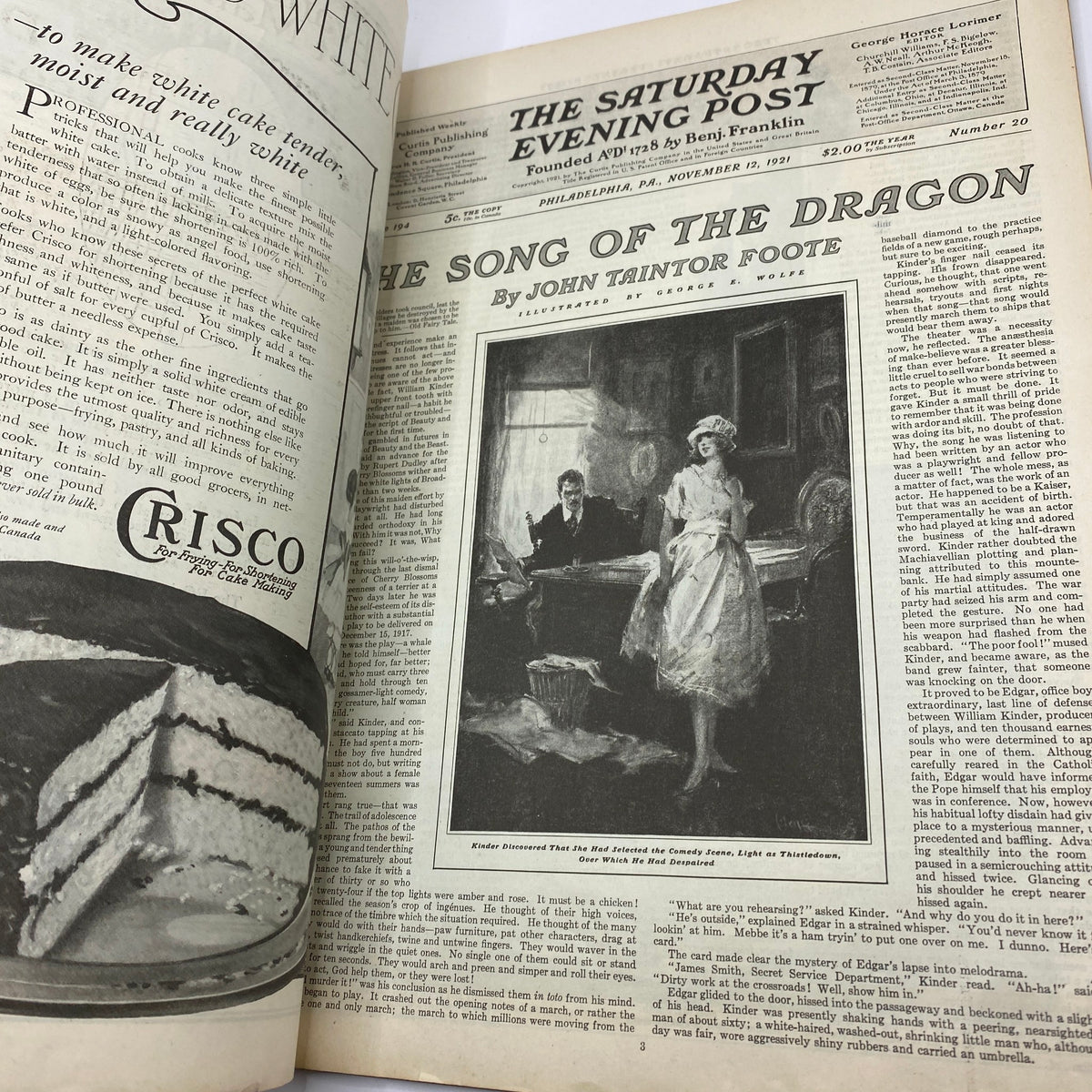 Interior page of The Saturday Evening Post from November 12, 1921 featuring the article 'Song of The Dragon' by John Traintor Foote, showcasing historical content and vintage typography.