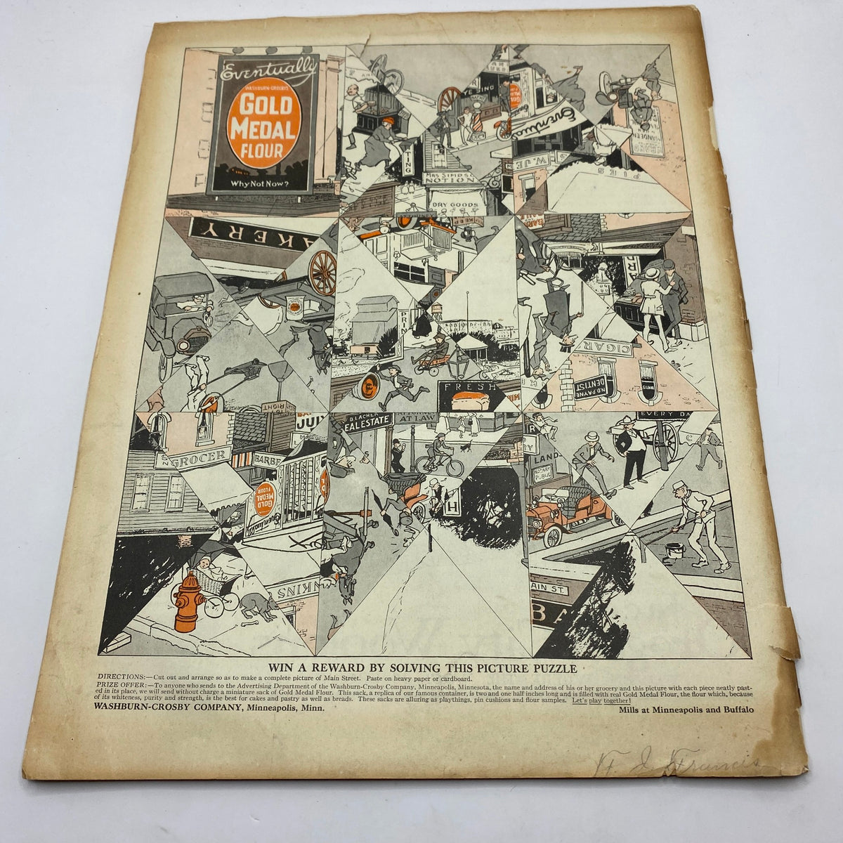 Back cover of The Saturday Evening Post November 12, 1921, displaying a promotional puzzle advertisement for Gold Medal Flour with a collage of illustrations representing early 20th-century American life.