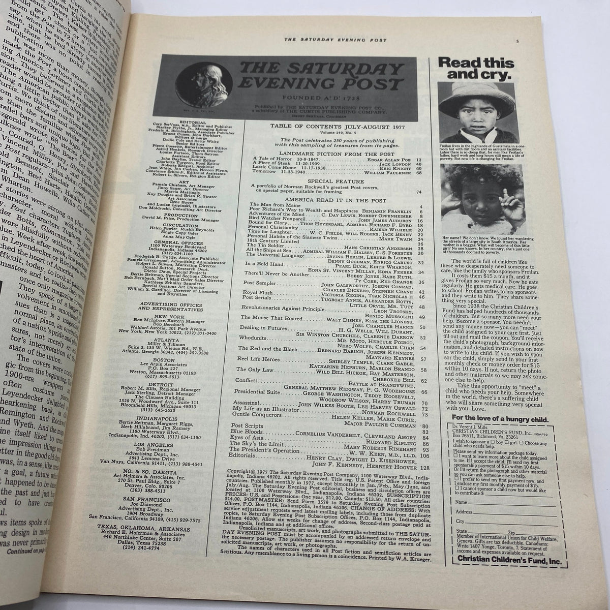 Inside page of The Saturday Evening Post August 1977 Special 250th Anniversary, featuring the table of contents and information from the publication.