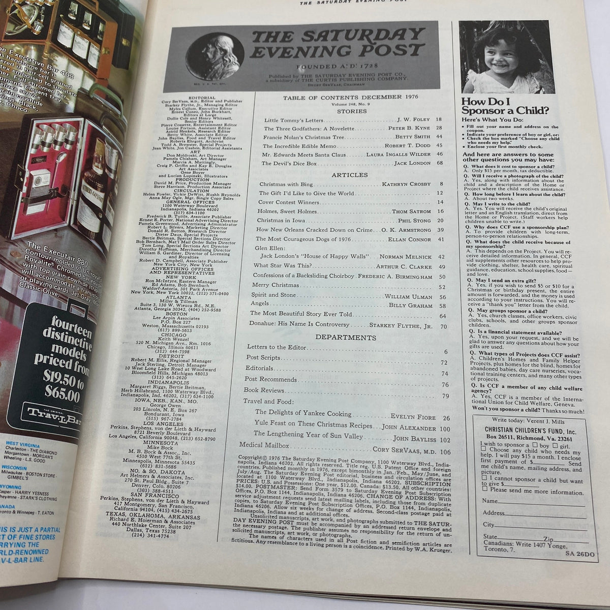 VTG The Saturday Evening Post December 25, 1976 Christmas Issue interior page displaying the table of contents and featured articles.
