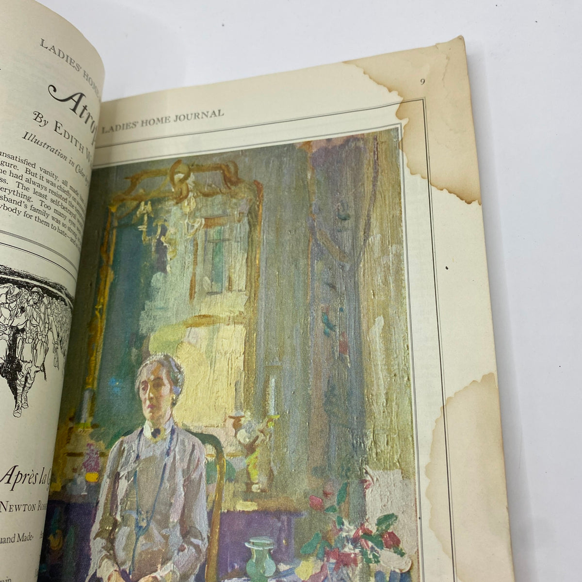 Interior page of the Ladies' Home Journal Magazine from November 1927, showcasing artwork by Edith Wharton, highlighting the magazine's cultural significance.