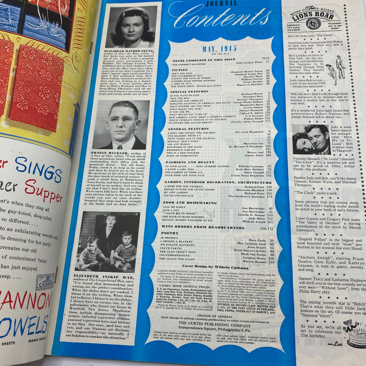 Inside contents page of Ladies' Home Journal Magazine May 1945, featuring articles and illustrations, including The Farmer's Daughter and features on fashion, food, and home-making.