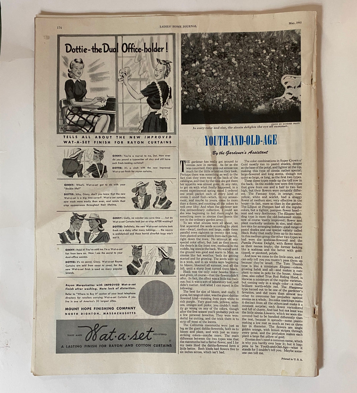 Page from Ladies' Home Journal Magazine May 1945 showcasing advertisements and an article titled Youth and Old Age, emphasizing themes of gardening and home decor.
